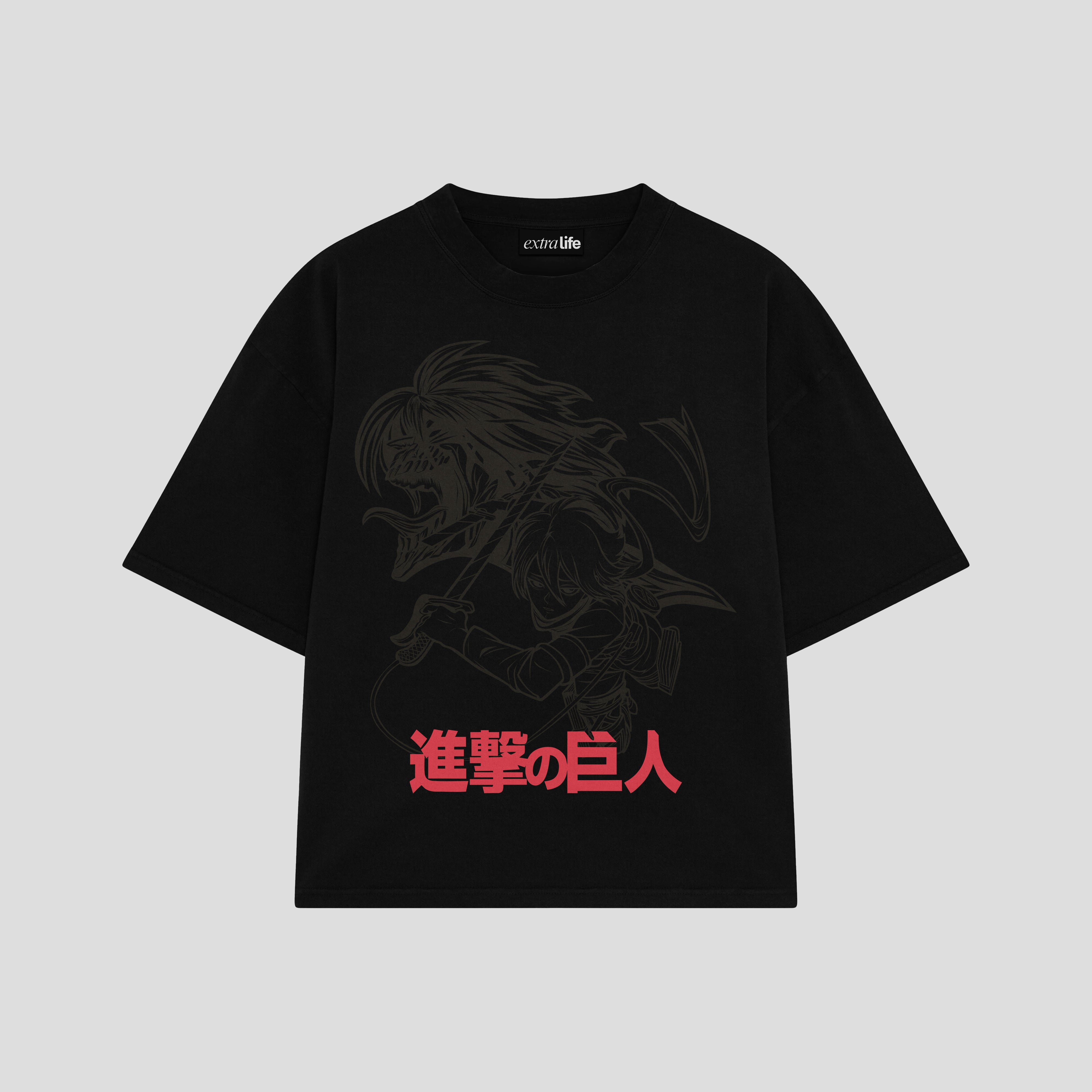 Playera streetwear premium de anime y gaming ExtraLife MX, corte boxy oversized drop shoulder heavyweight en color Deep Black y Off-White, moda urbana mexicana de culto.