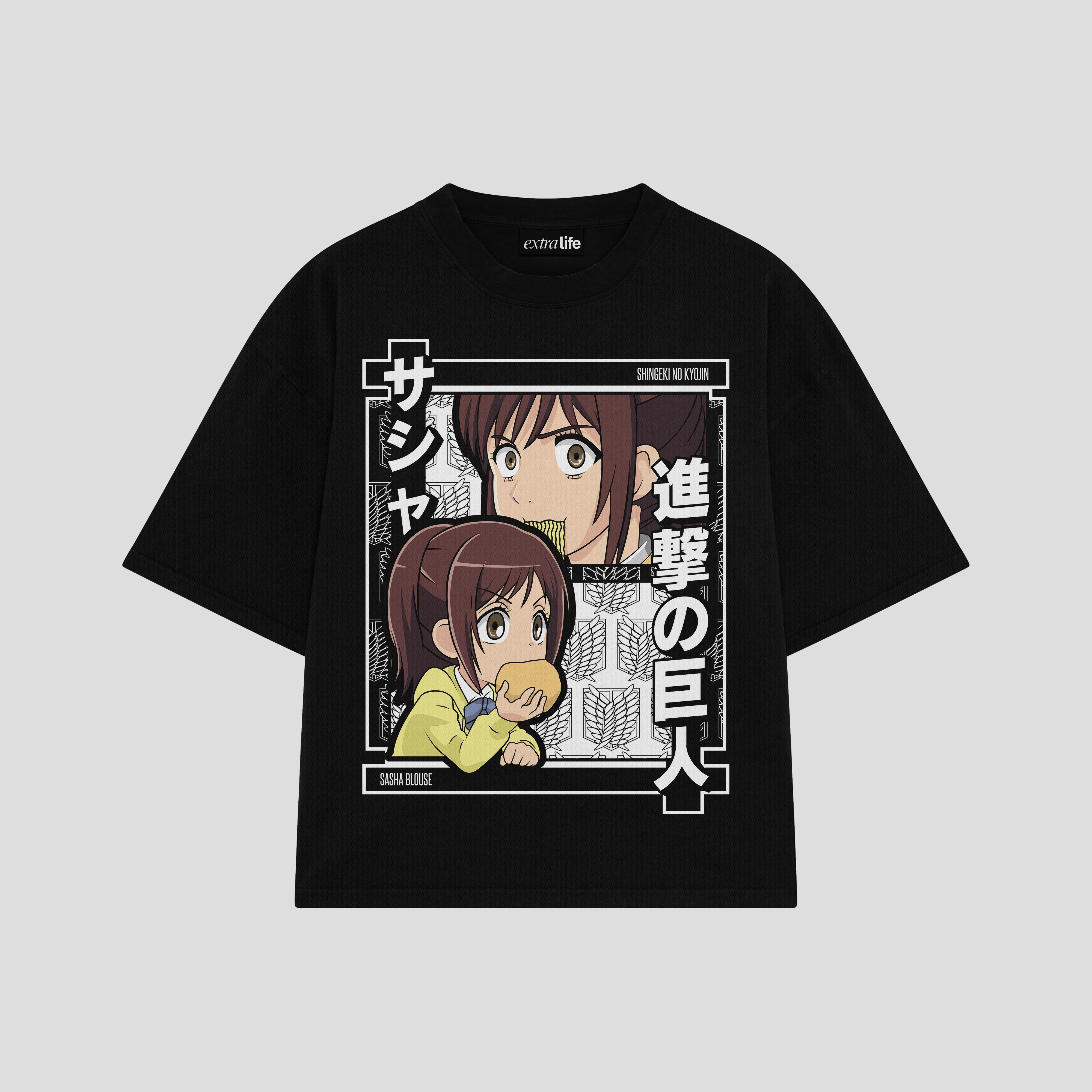 Playera streetwear premium de anime y gaming ExtraLife MX, corte boxy oversized drop shoulder heavyweight en color Deep Black y Off-White, moda urbana mexicana de culto.
