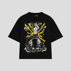 Playera streetwear premium de anime y gaming ExtraLife MX, corte boxy oversized drop shoulder heavyweight en color Deep Black y Off-White, moda urbana mexicana de culto.