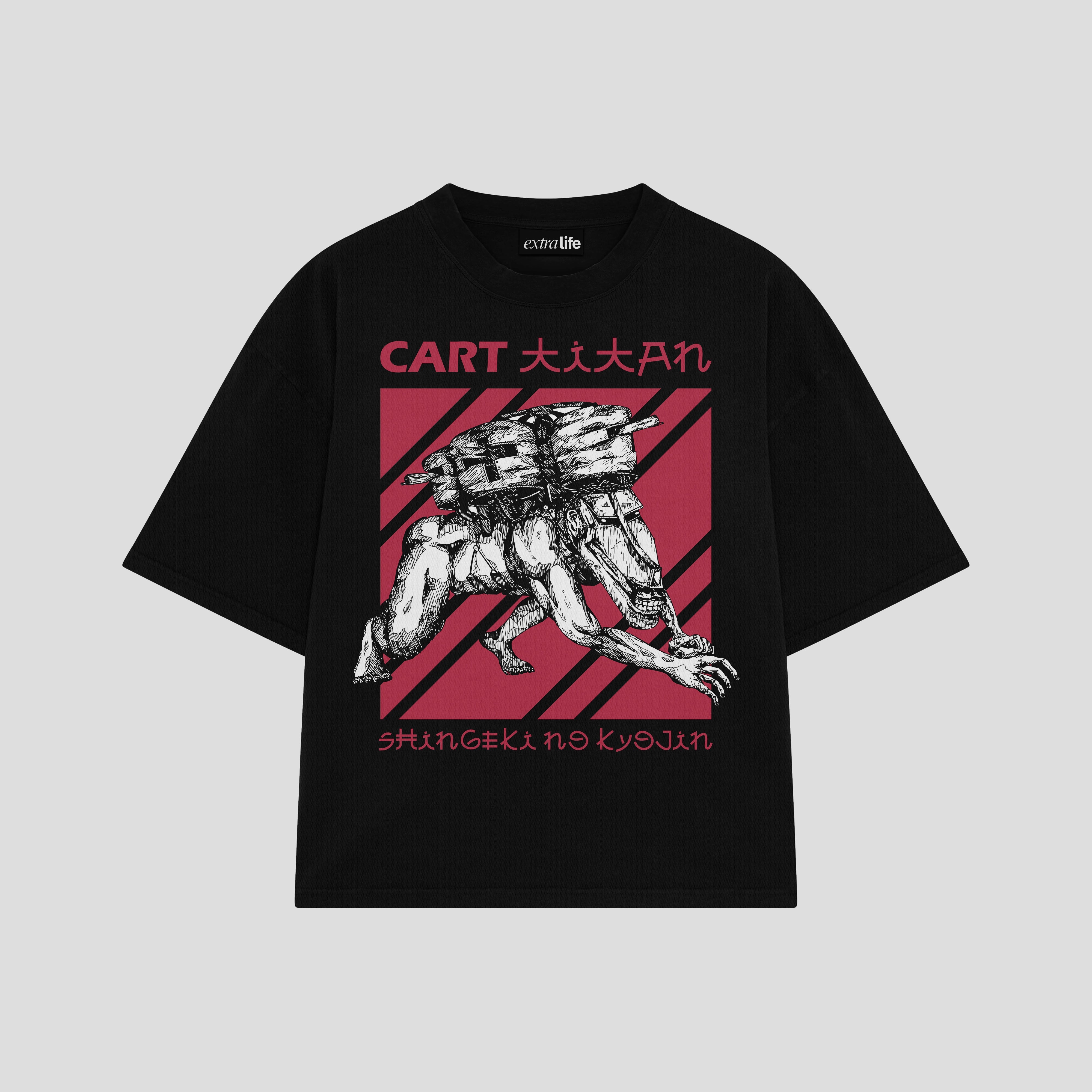Playera streetwear premium de anime y gaming ExtraLife MX, corte boxy oversized drop shoulder heavyweight en color Deep Black y Off-White, moda urbana mexicana de culto.