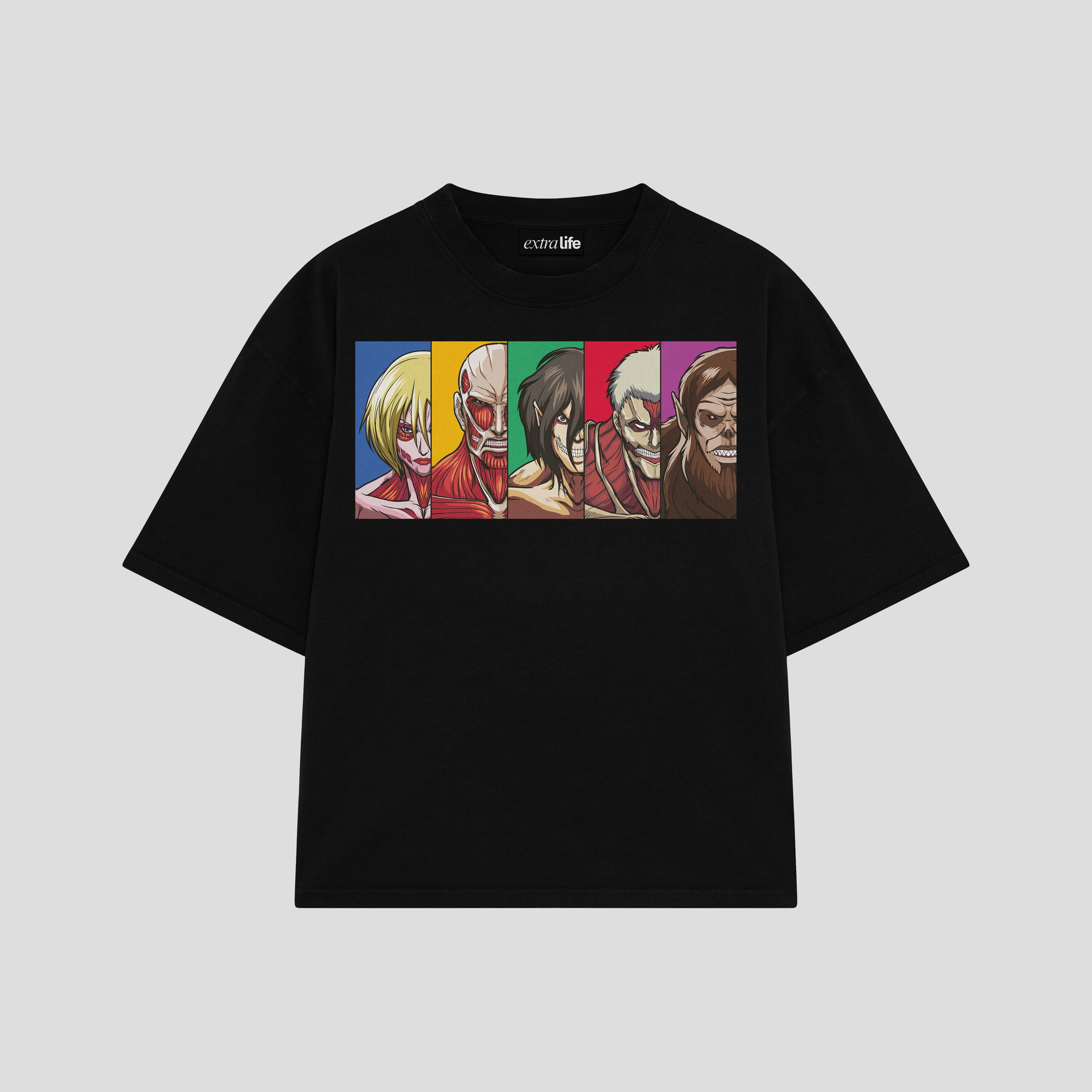 Playera streetwear premium de anime y gaming ExtraLife MX, corte boxy oversized drop shoulder heavyweight en color Deep Black y Off-White, moda urbana mexicana de culto.