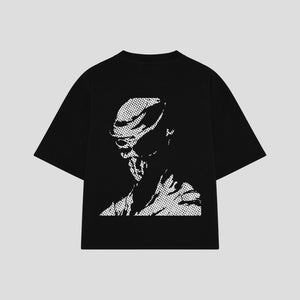 Playera streetwear premium de anime y gaming ExtraLife MX, corte boxy oversized drop shoulder heavyweight en color Deep Black y Off-White, moda urbana mexicana de culto.