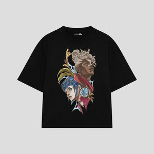 Playera streetwear premium de anime y gaming ExtraLife MX, corte boxy oversized drop shoulder heavyweight en color Deep Black y Off-White, moda urbana mexicana de culto.