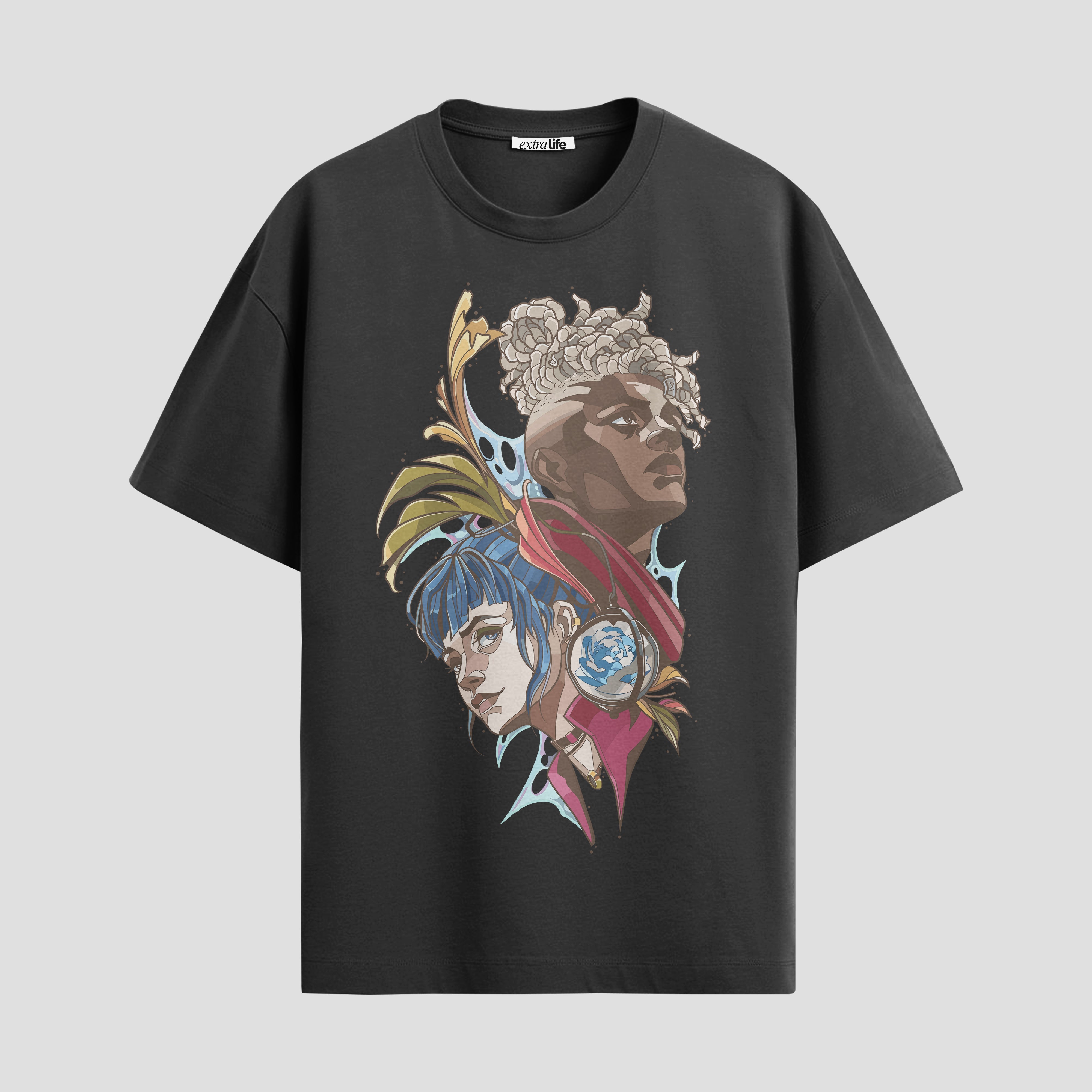 Playera urbana de anime y gaming ExtraLife MX, corte Standard Fit unisex ligero y transpirable en color Deep Black y Pure White, ropa de uso diario para gym y casual.