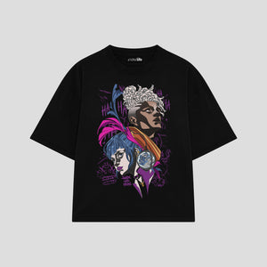 Playera streetwear premium de anime y gaming ExtraLife MX, corte boxy oversized drop shoulder heavyweight en color Deep Black y Off-White, moda urbana mexicana de culto.