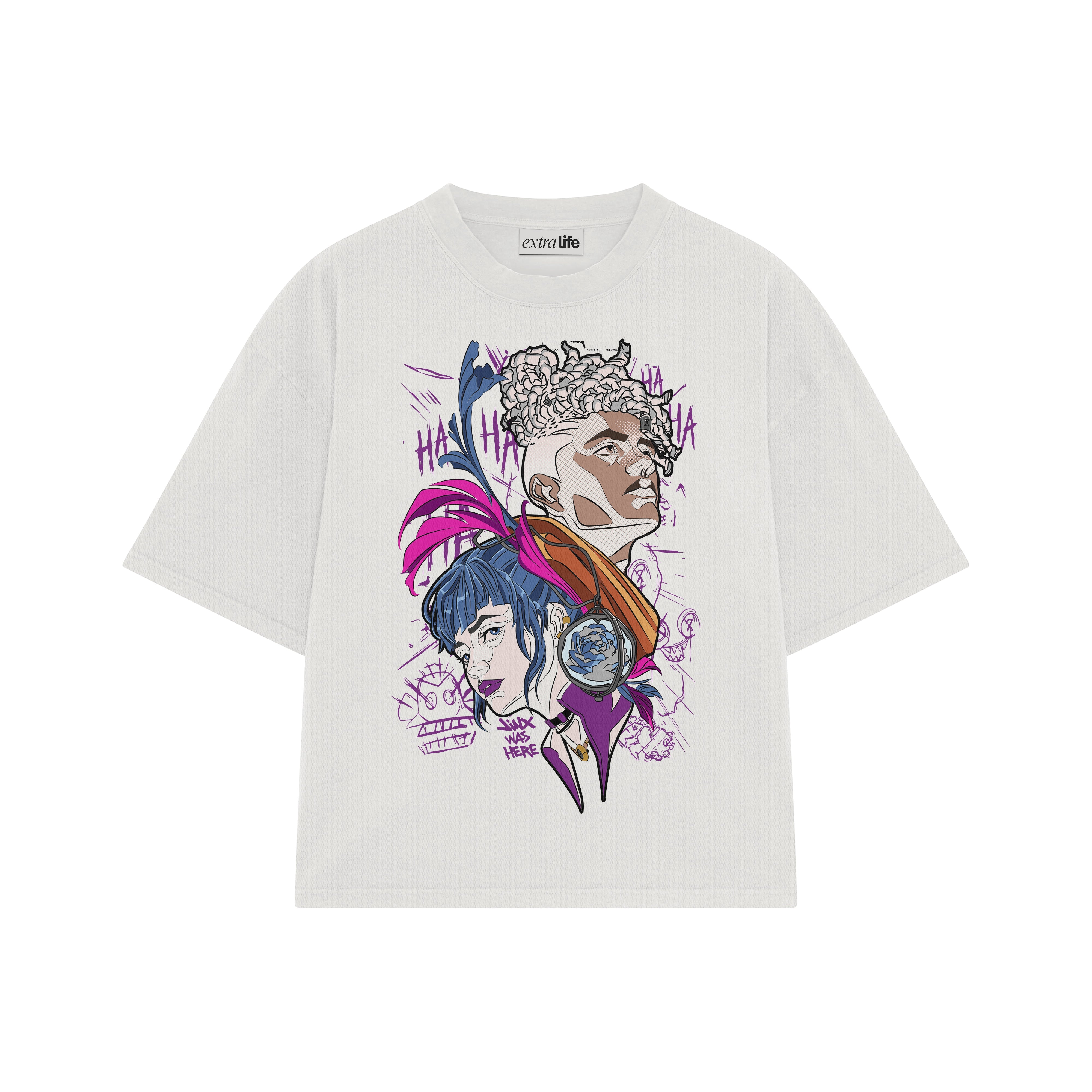 Playera streetwear premium de anime y gaming ExtraLife MX, corte boxy oversized drop shoulder heavyweight en color Deep Black y Off-White, moda urbana mexicana de culto.