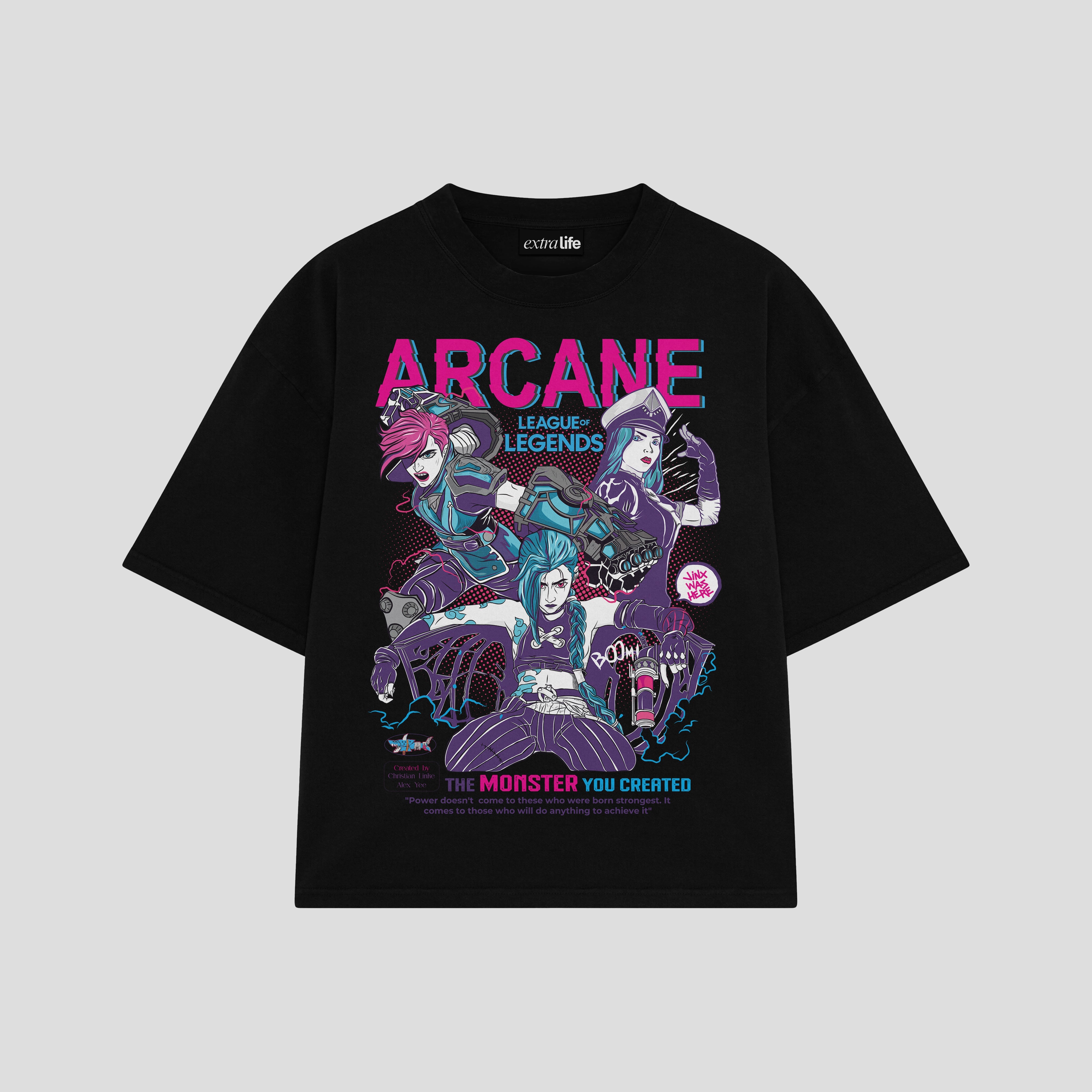 Playera streetwear premium de anime y gaming ExtraLife MX, corte boxy oversized drop shoulder heavyweight en color Deep Black y Off-White, moda urbana mexicana de culto.