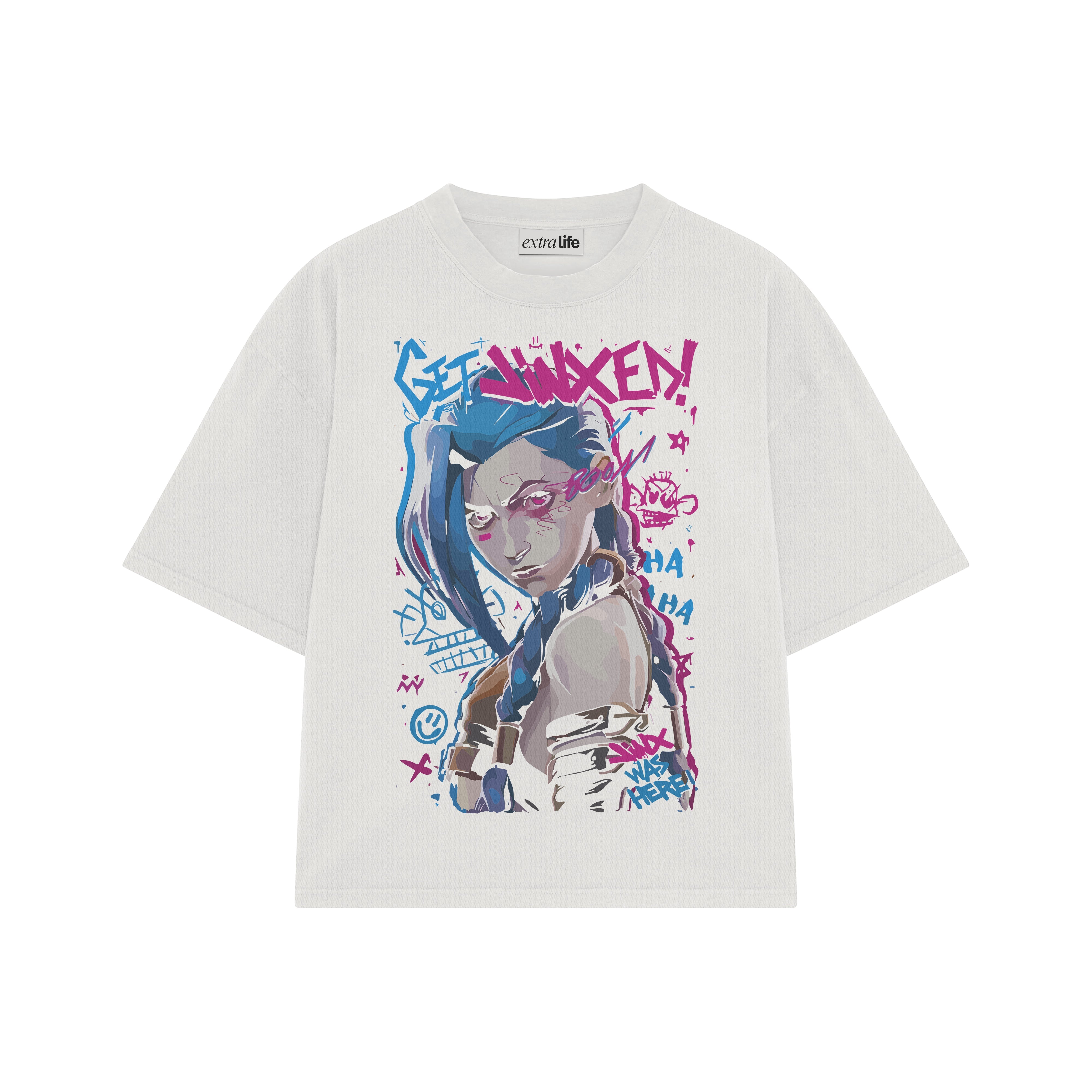 Playera streetwear premium de anime y gaming ExtraLife MX, corte boxy oversized drop shoulder heavyweight en color Deep Black y Off-White, moda urbana mexicana de culto.