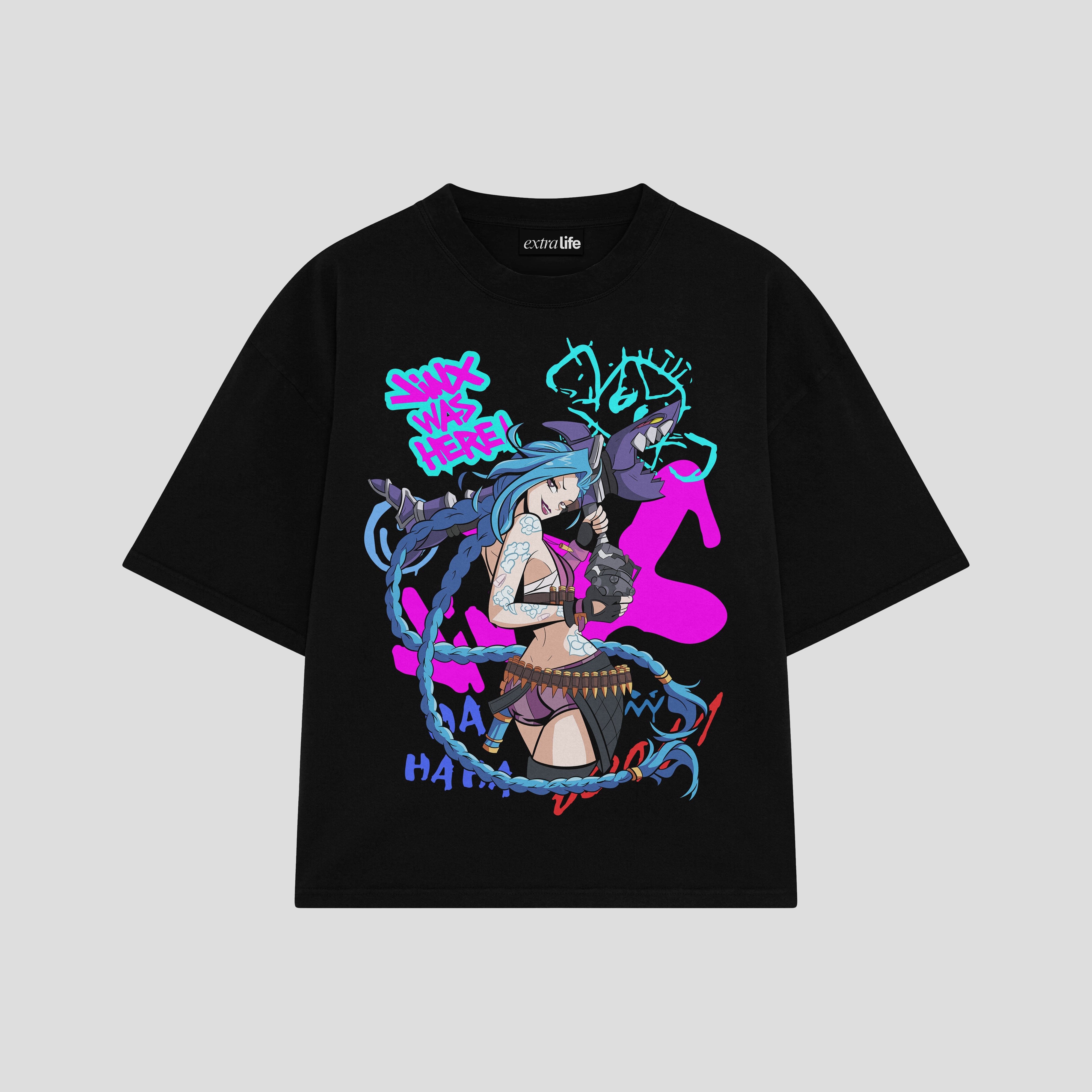 Playera streetwear premium de anime y gaming ExtraLife MX, corte boxy oversized drop shoulder heavyweight en color Deep Black y Off-White, moda urbana mexicana de culto.