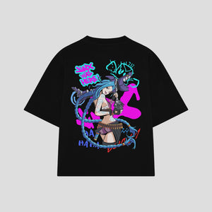 Playera streetwear premium de anime y gaming ExtraLife MX, corte boxy oversized drop shoulder heavyweight en color Deep Black y Off-White, moda urbana mexicana de culto.