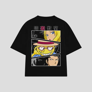 Playera streetwear premium de anime y gaming ExtraLife MX, corte boxy oversized drop shoulder heavyweight en color Deep Black y Off-White, moda urbana mexicana de culto.