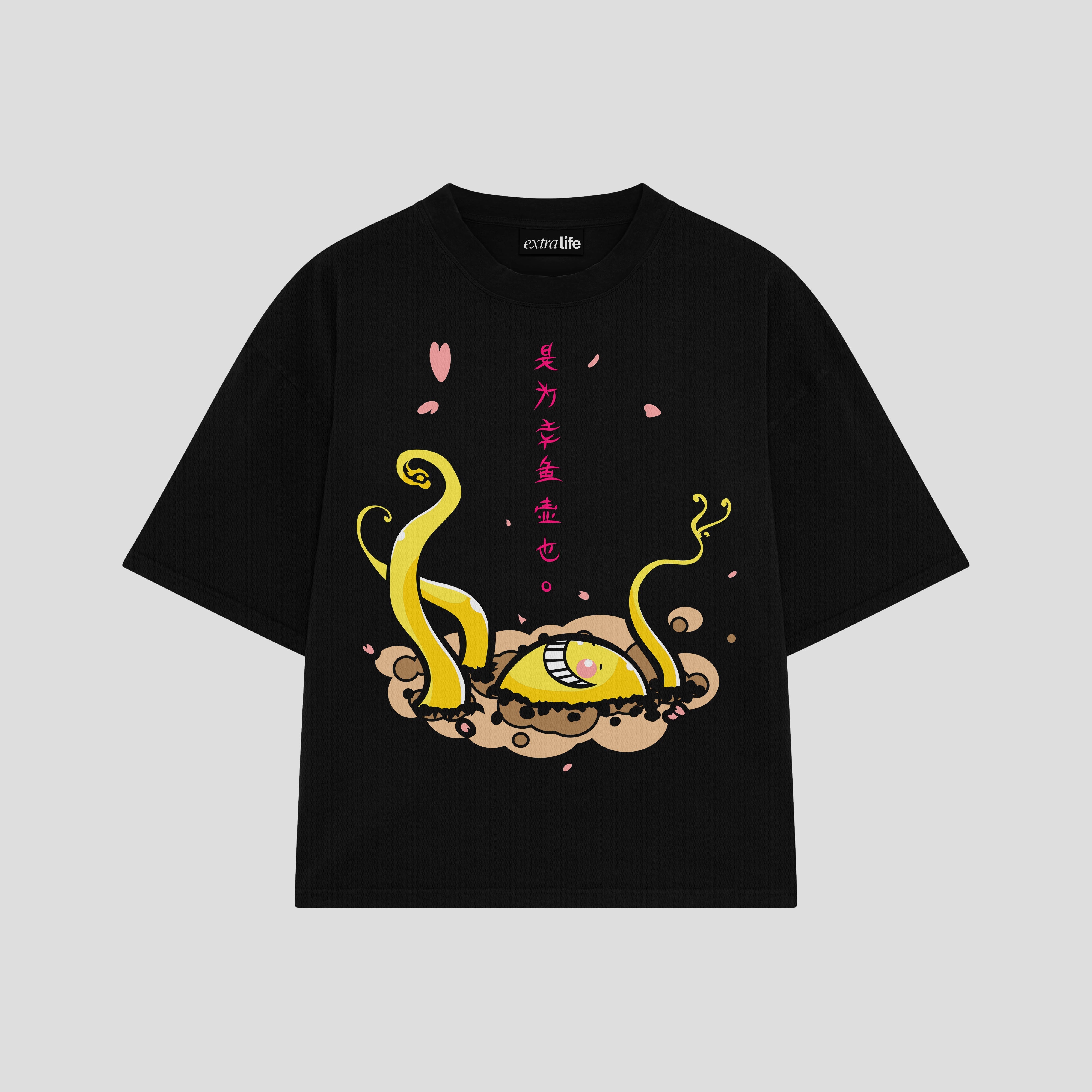 Playera streetwear premium de anime y gaming ExtraLife MX, corte boxy oversized drop shoulder heavyweight en color Deep Black y Off-White, moda urbana mexicana de culto.