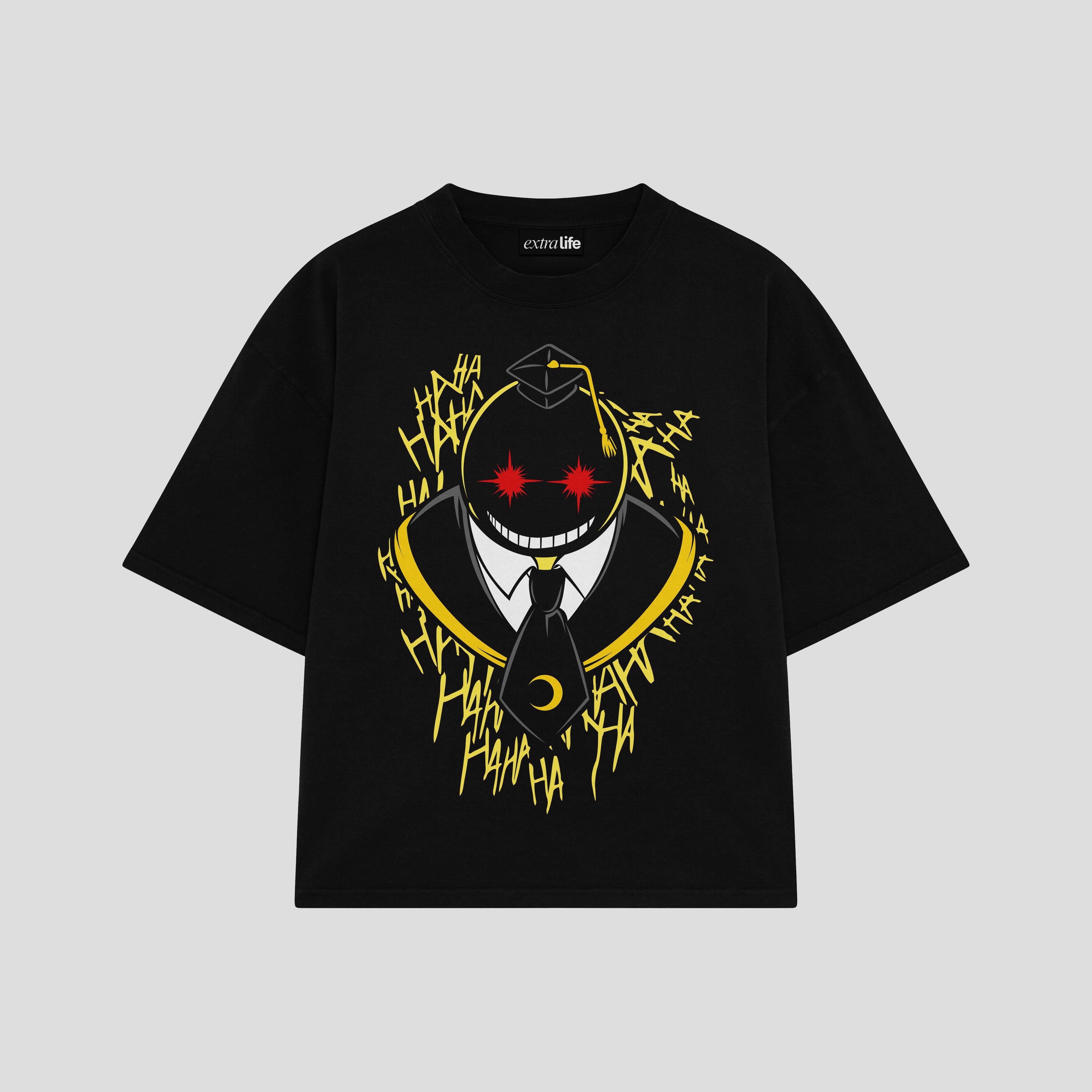Playera streetwear premium de anime y gaming ExtraLife MX, corte boxy oversized drop shoulder heavyweight en color Deep Black y Off-White, moda urbana mexicana de culto.