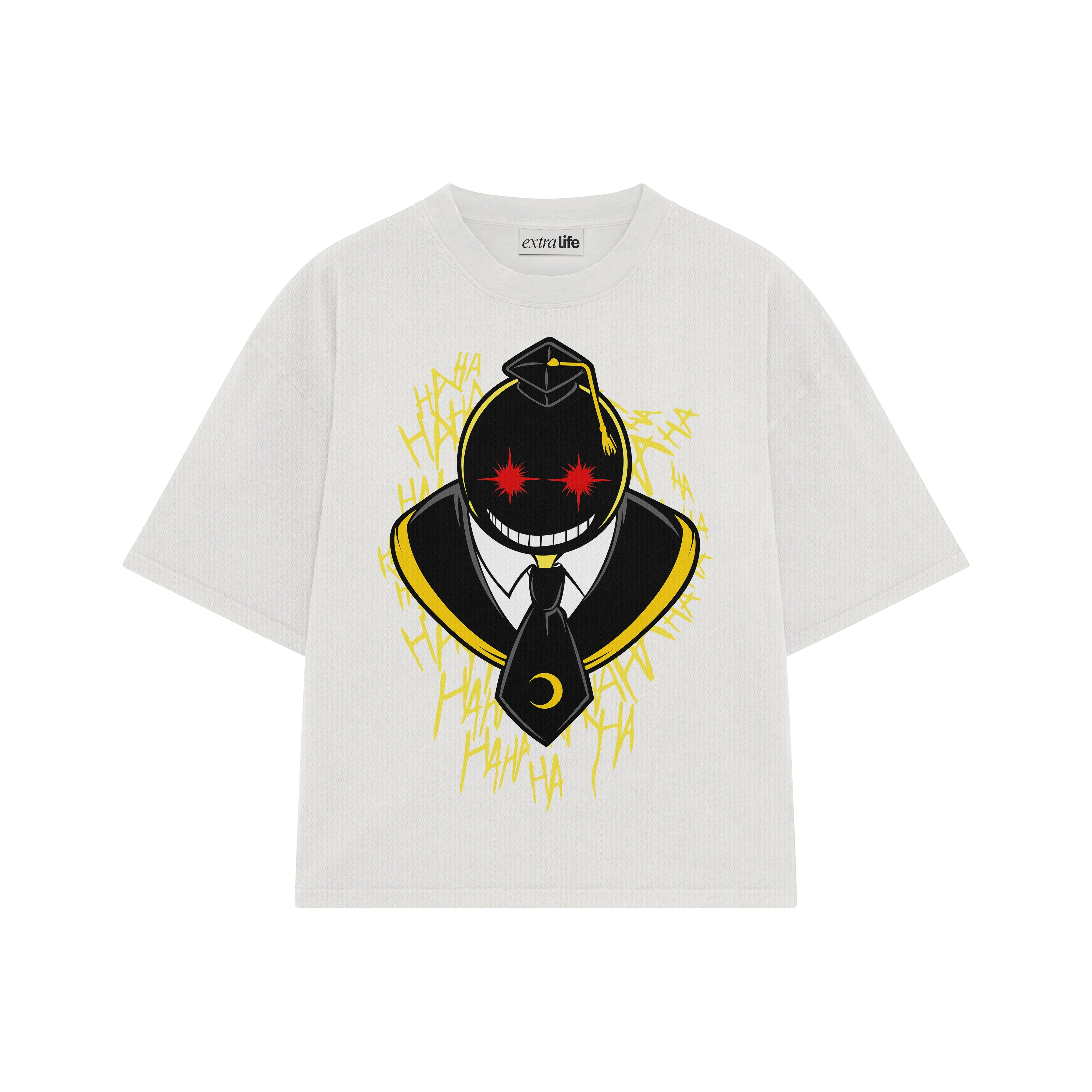 Playera streetwear premium de anime y gaming ExtraLife MX, corte boxy oversized drop shoulder heavyweight en color Deep Black y Off-White, moda urbana mexicana de culto.