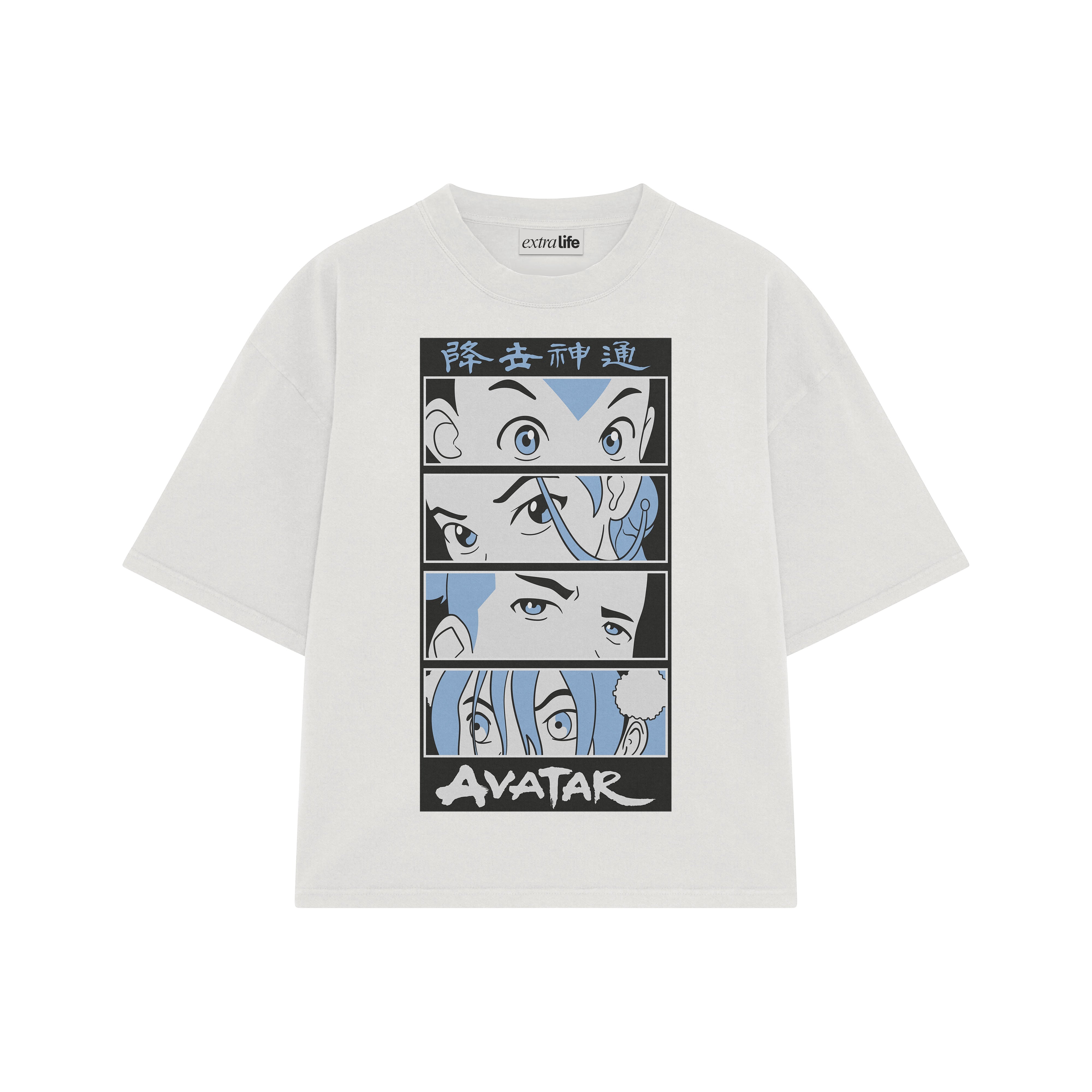 Playera streetwear premium de anime y gaming ExtraLife MX, corte boxy oversized drop shoulder heavyweight en color Deep Black y Off-White, moda urbana mexicana de culto.