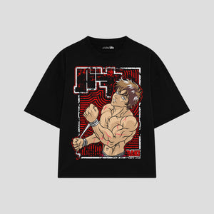 Playera streetwear premium de anime y gaming ExtraLife MX, corte boxy oversized drop shoulder heavyweight en color Deep Black y Off-White, moda urbana mexicana de culto.