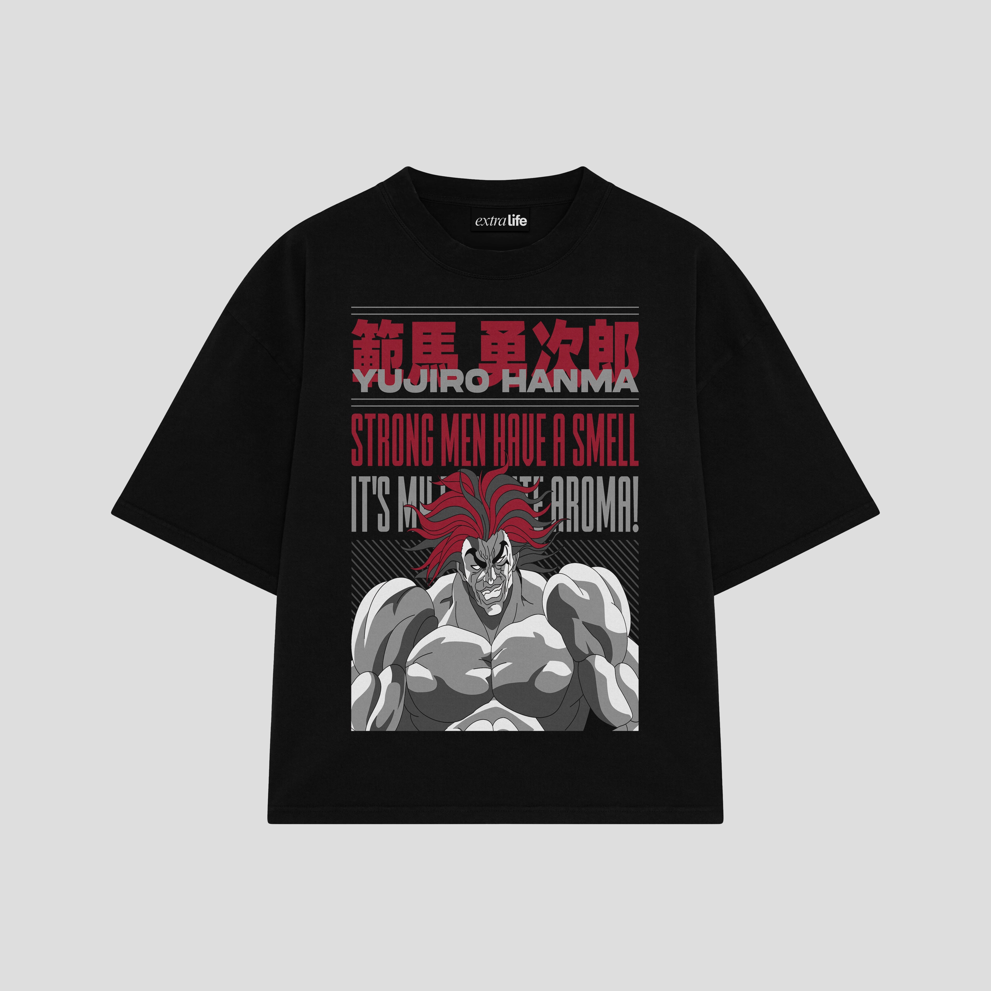 Playera streetwear premium de anime y gaming ExtraLife MX, corte boxy oversized drop shoulder heavyweight en color Deep Black y Off-White, moda urbana mexicana de culto.