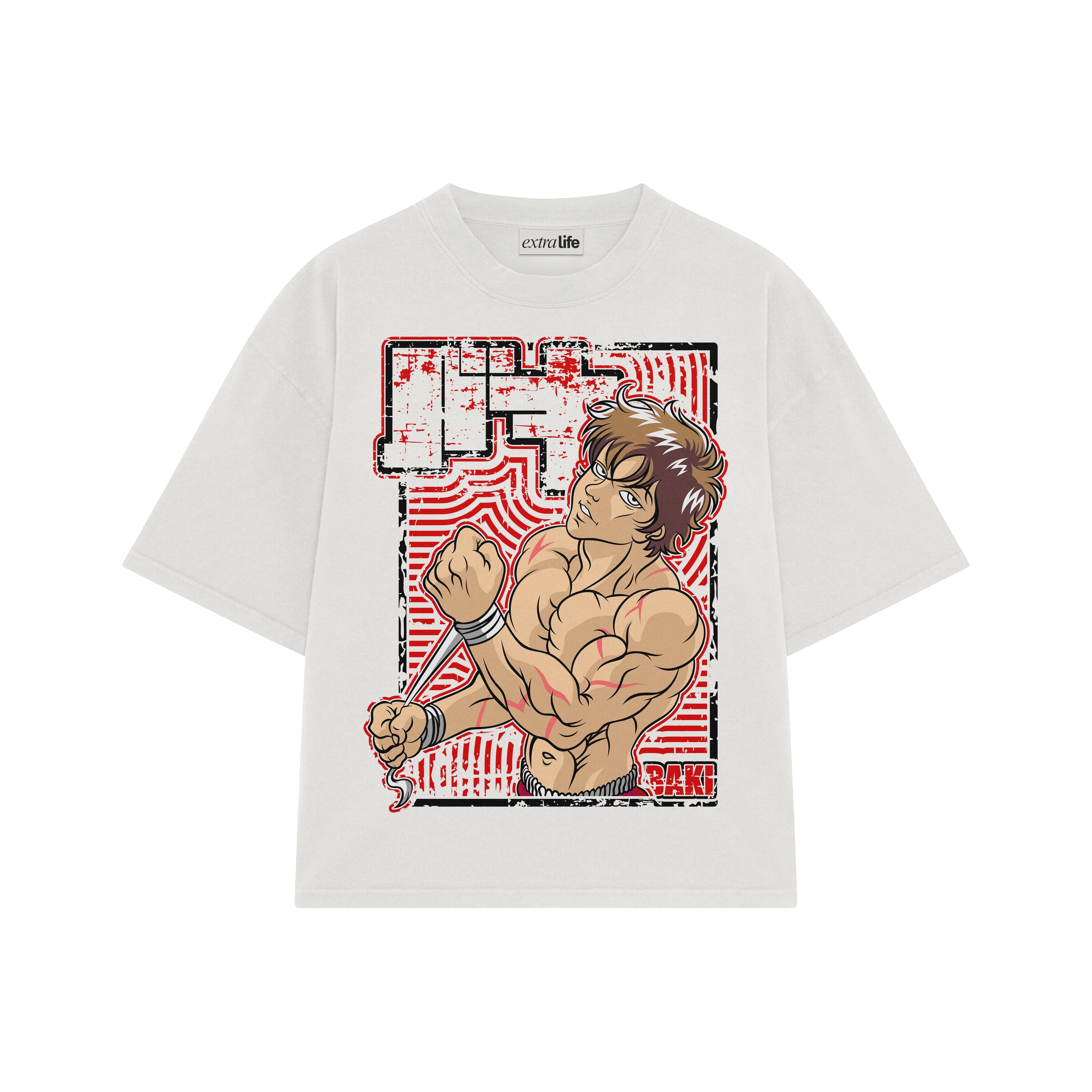 Playera streetwear premium de anime y gaming ExtraLife MX, corte boxy oversized drop shoulder heavyweight en color Deep Black y Off-White, moda urbana mexicana de culto.