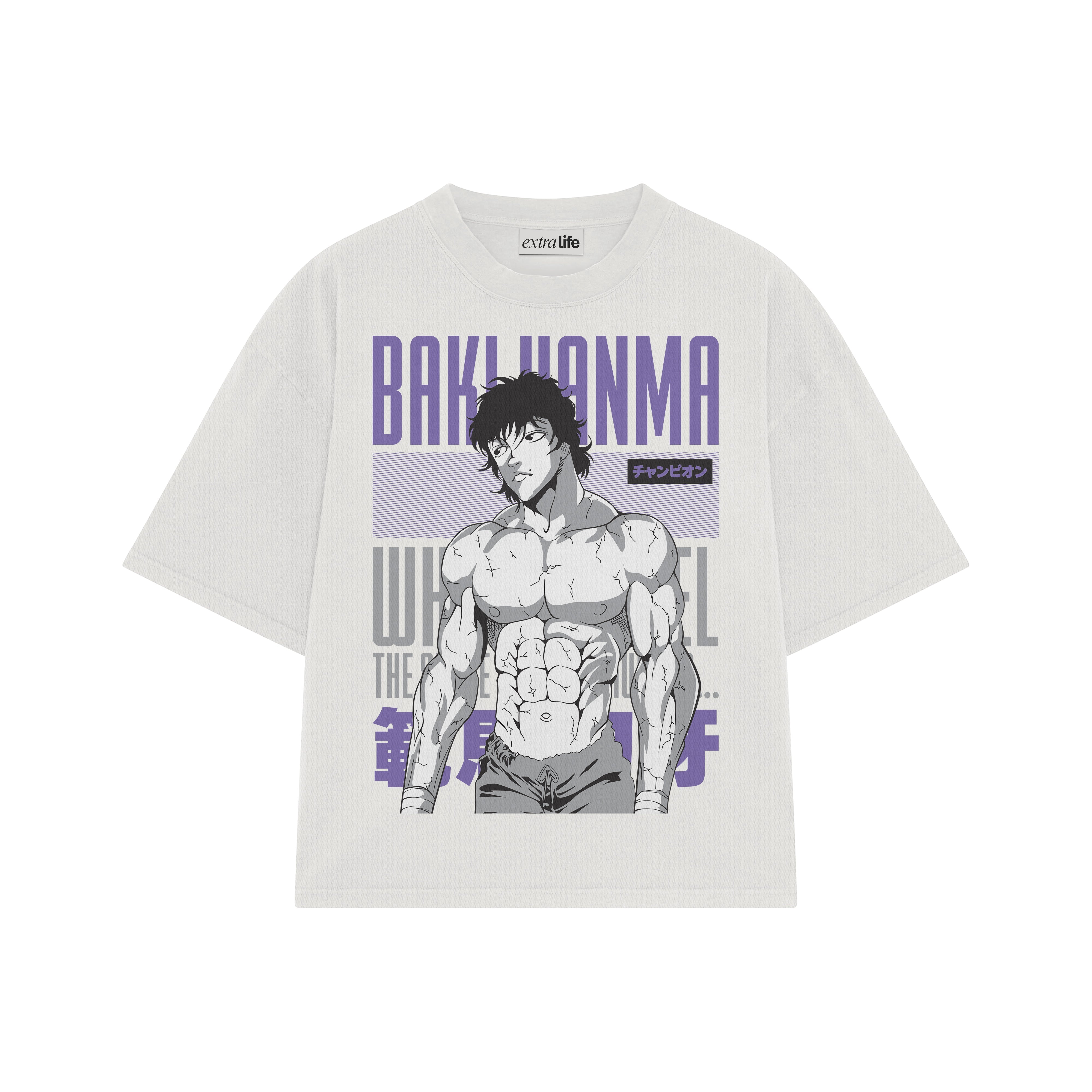 Playera streetwear premium de anime y gaming ExtraLife MX, corte boxy oversized drop shoulder heavyweight en color Deep Black y Off-White, moda urbana mexicana de culto.