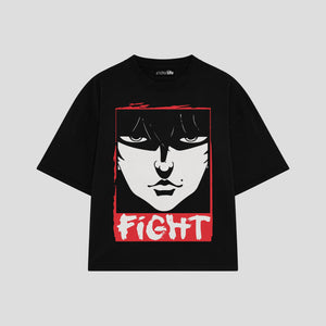 Playera streetwear premium de anime y gaming ExtraLife MX, corte boxy oversized drop shoulder heavyweight en color Deep Black y Off-White, moda urbana mexicana de culto.