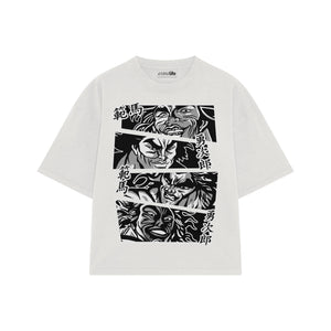 Playera streetwear premium de anime y gaming ExtraLife MX, corte boxy oversized drop shoulder heavyweight en color Deep Black y Off-White, moda urbana mexicana de culto.