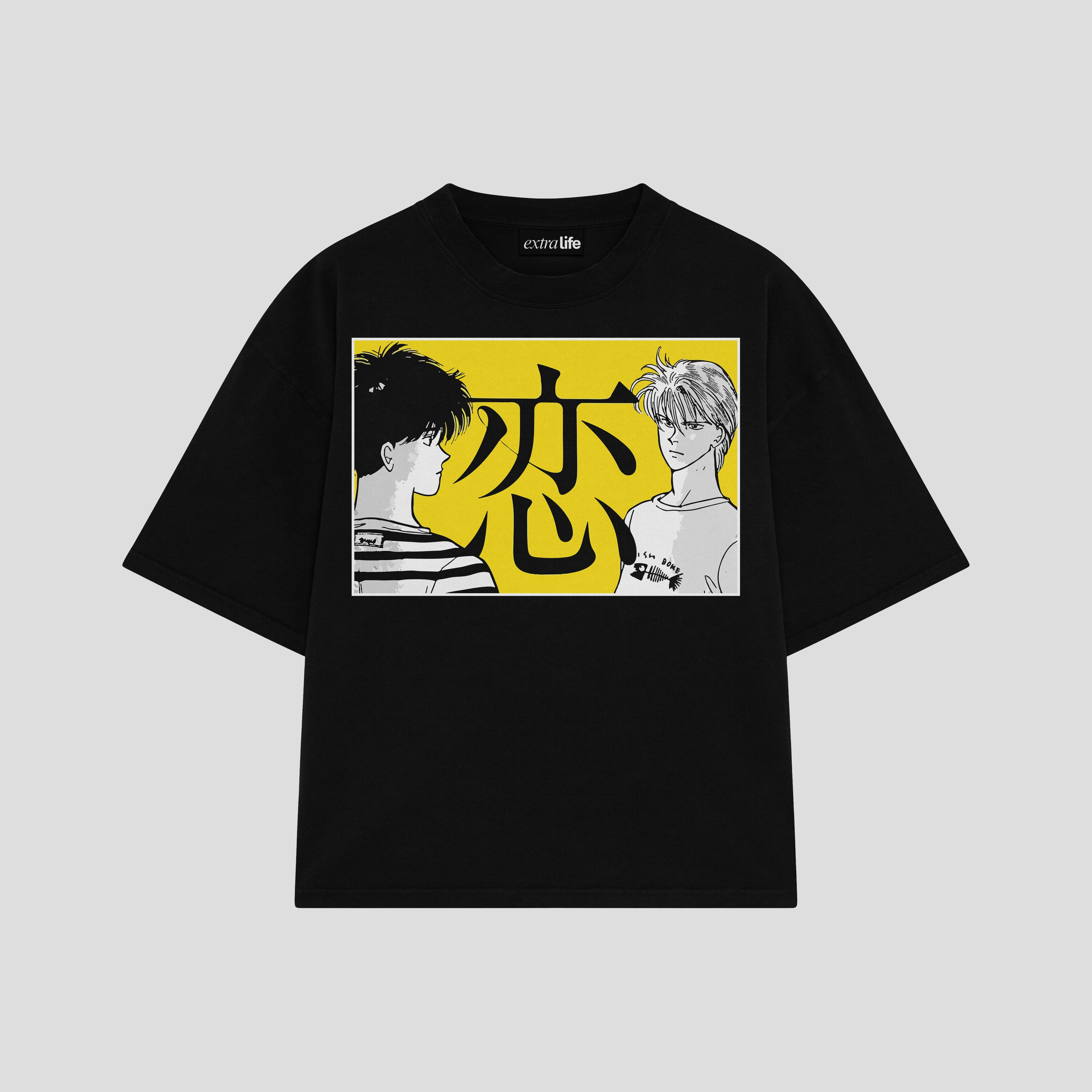 Playera streetwear premium de anime y gaming ExtraLife MX, corte boxy oversized drop shoulder heavyweight en color Deep Black y Off-White, moda urbana mexicana de culto.