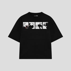 Playera streetwear premium de anime y gaming ExtraLife MX, corte boxy oversized drop shoulder heavyweight en color Deep Black y Off-White, moda urbana mexicana de culto.