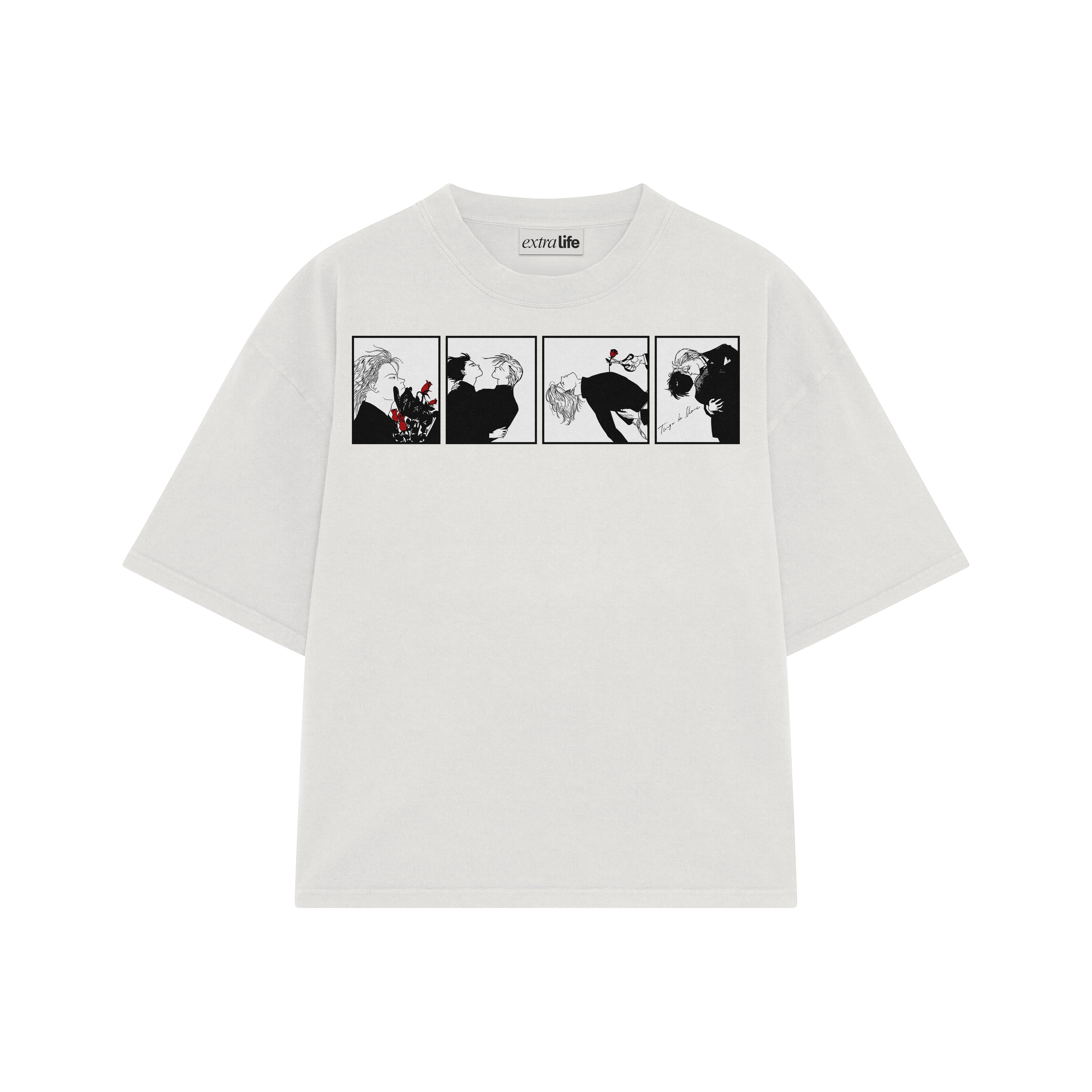 Playera streetwear premium de anime y gaming ExtraLife MX, corte boxy oversized drop shoulder heavyweight en color Deep Black y Off-White, moda urbana mexicana de culto.