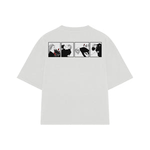 Playera streetwear premium de anime y gaming ExtraLife MX, corte boxy oversized drop shoulder heavyweight en color Deep Black y Off-White, moda urbana mexicana de culto.