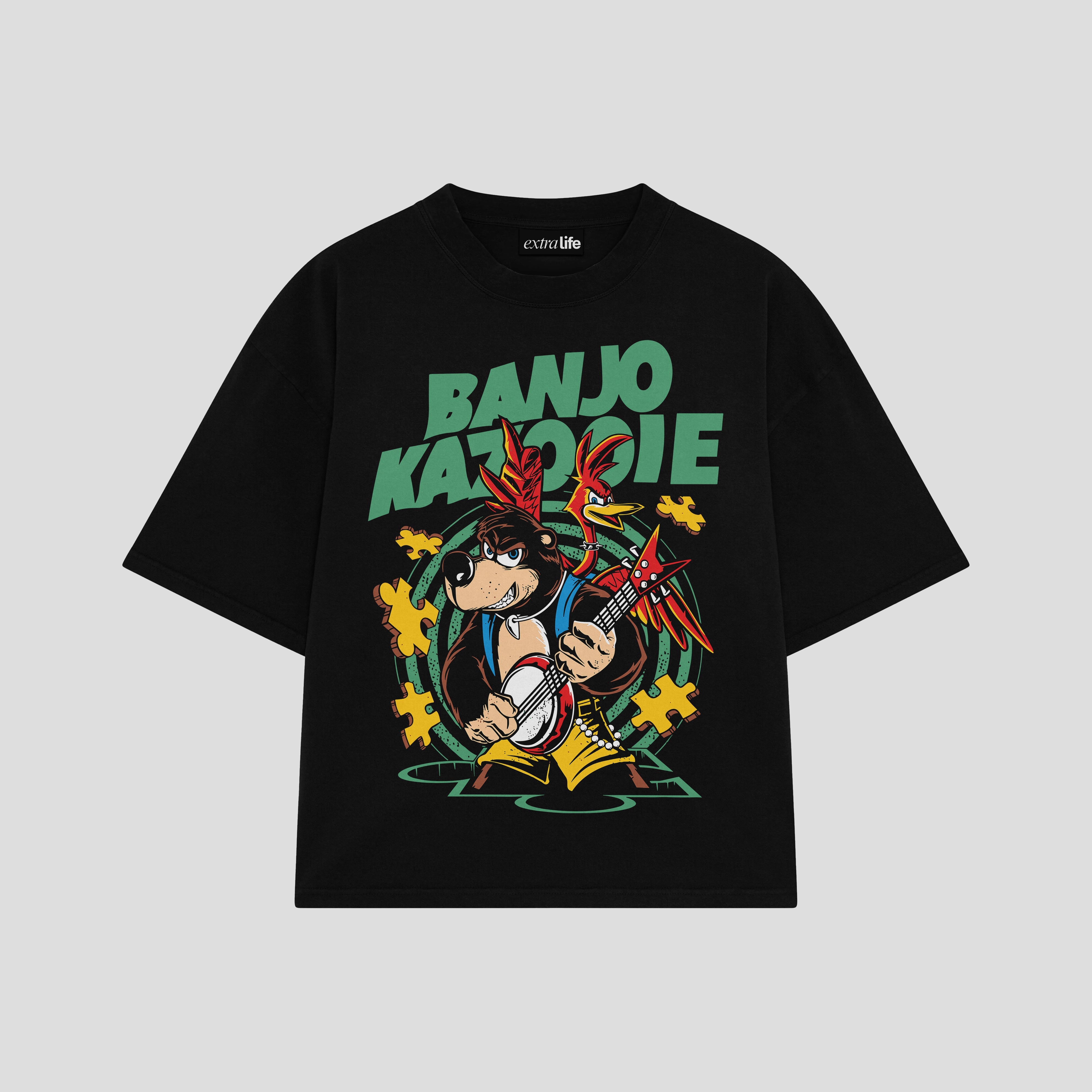 Playera streetwear premium de anime y gaming ExtraLife MX, corte boxy oversized drop shoulder heavyweight en color Deep Black y Off-White, moda urbana mexicana de culto.