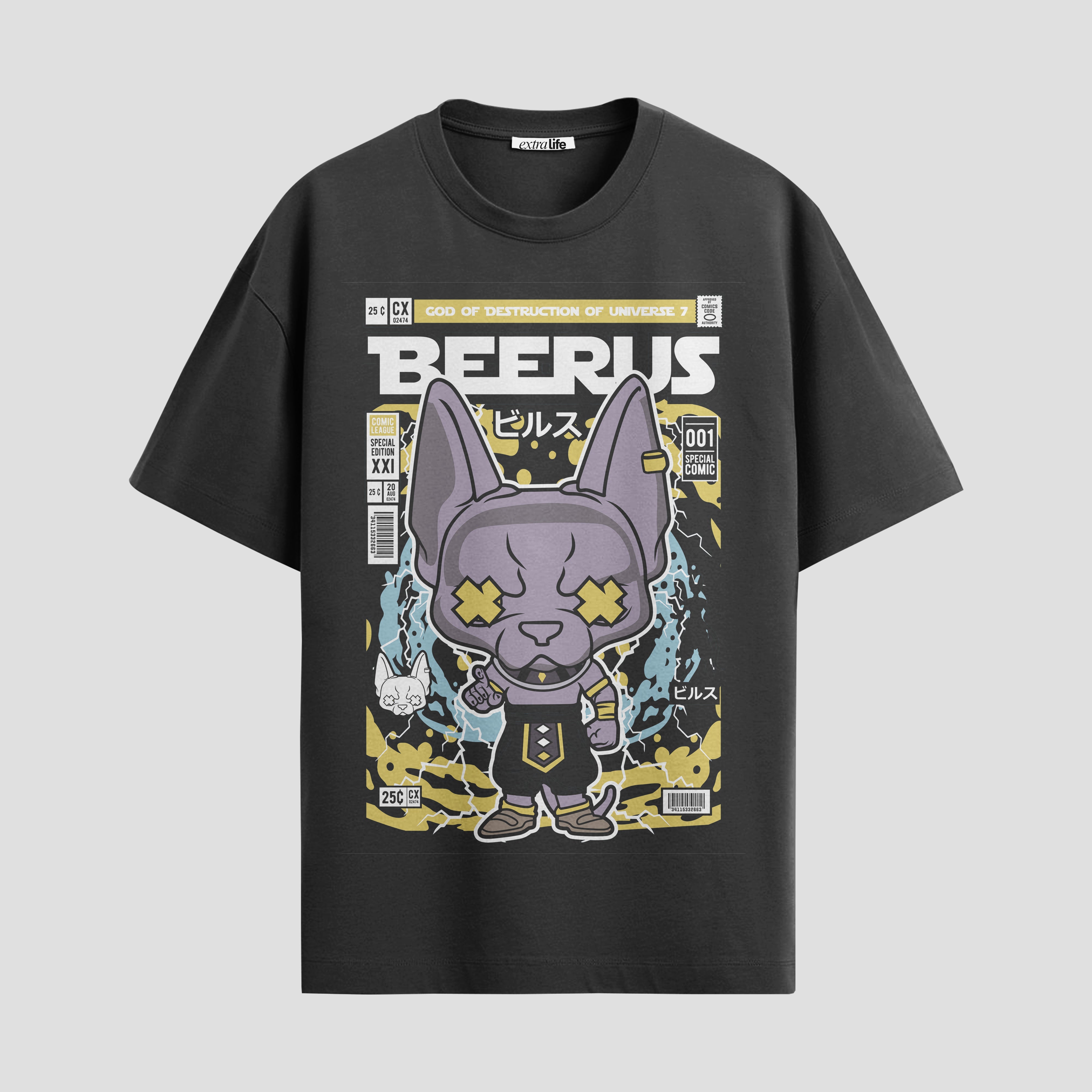 Playera urbana de anime y gaming ExtraLife MX, corte Standard Fit unisex ligero y transpirable en color Deep Black y Pure White, ropa de uso diario para gym y casual.