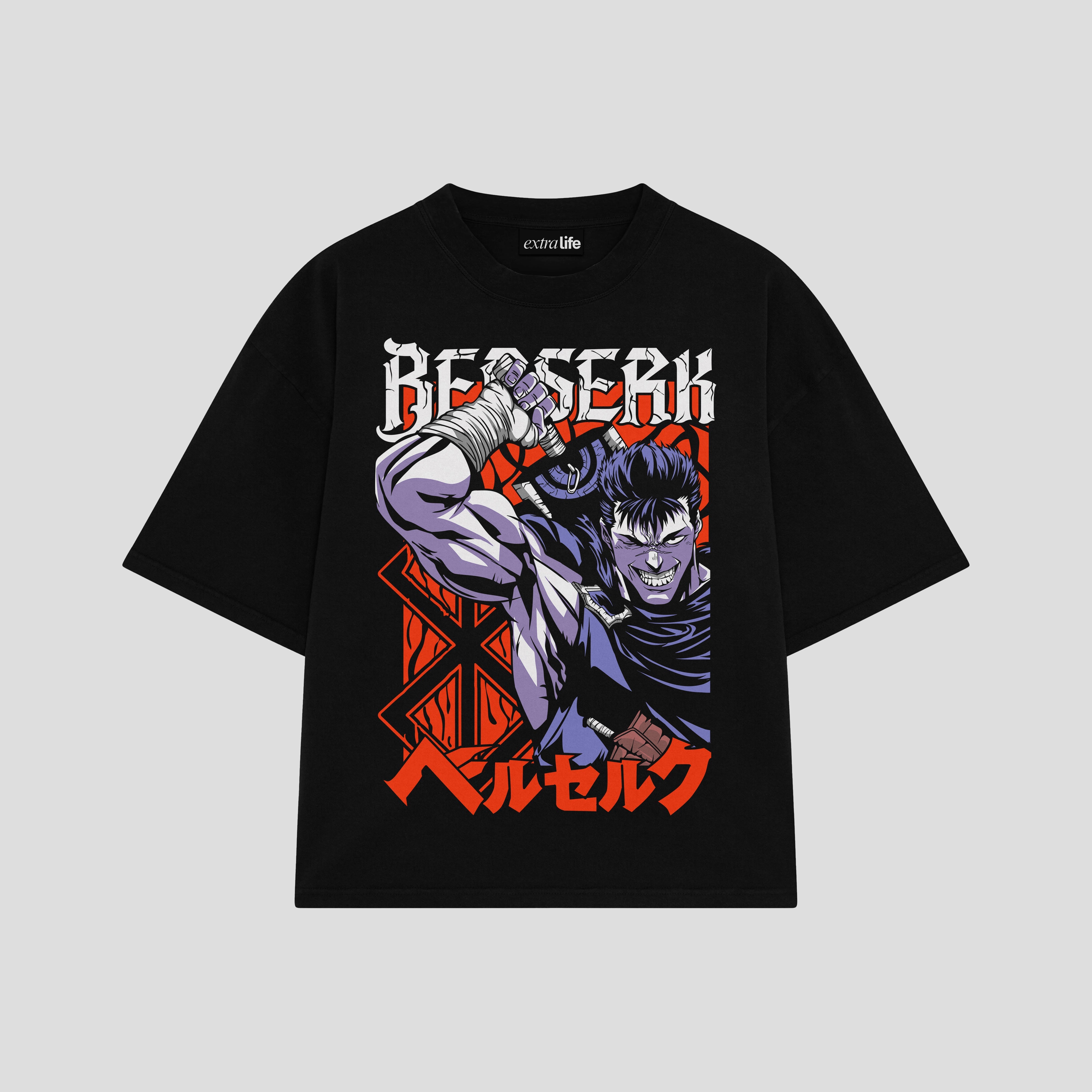 Playera streetwear premium de anime y gaming ExtraLife MX, corte boxy oversized drop shoulder heavyweight en color Deep Black y Off-White, moda urbana mexicana de culto.