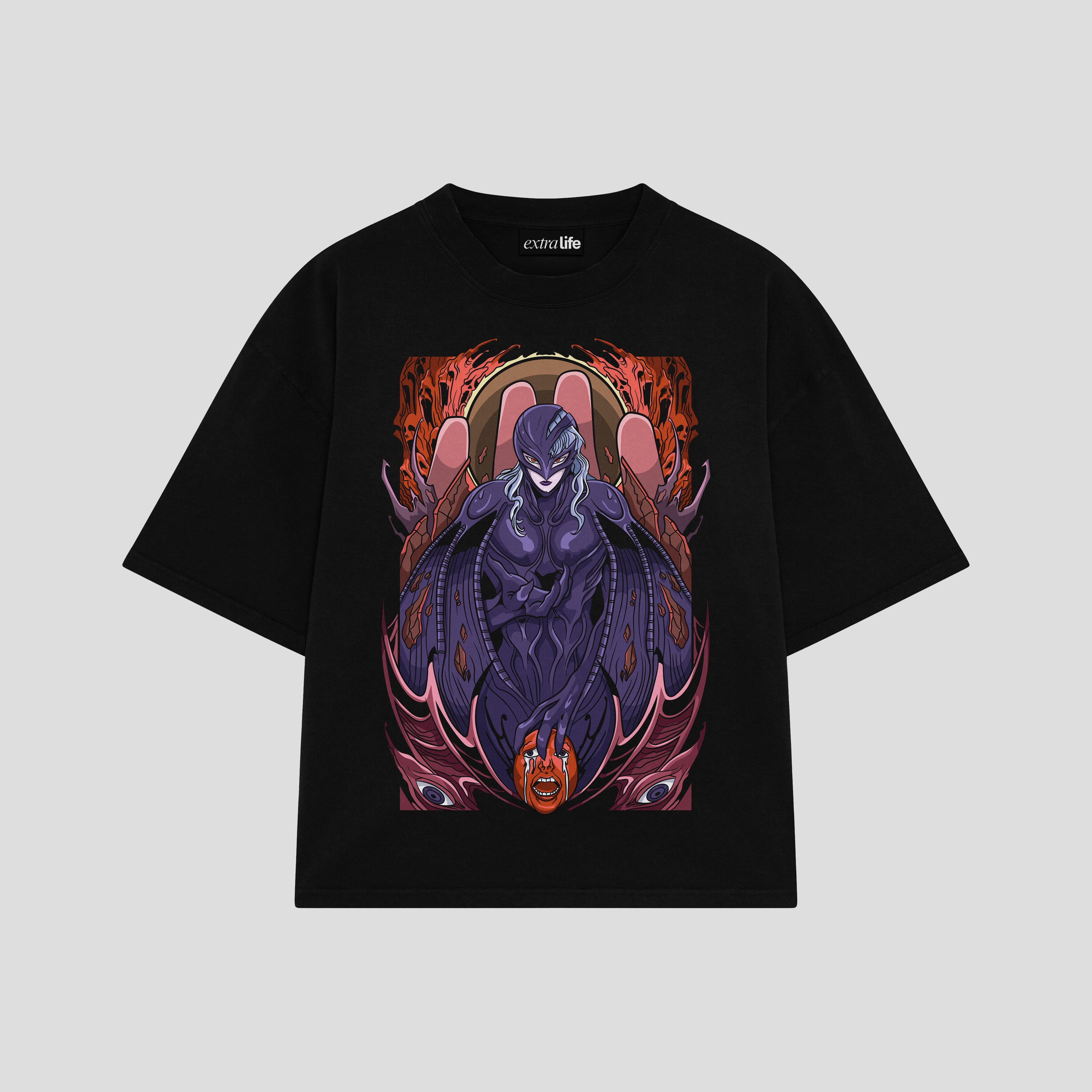 Playera streetwear premium de anime y gaming ExtraLife MX, corte boxy oversized drop shoulder heavyweight en color Deep Black y Off-White, moda urbana mexicana de culto.