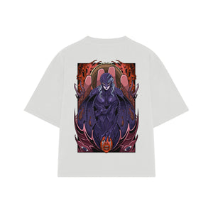 Playera streetwear premium de anime y gaming ExtraLife MX, corte boxy oversized drop shoulder heavyweight en color Deep Black y Off-White, moda urbana mexicana de culto.