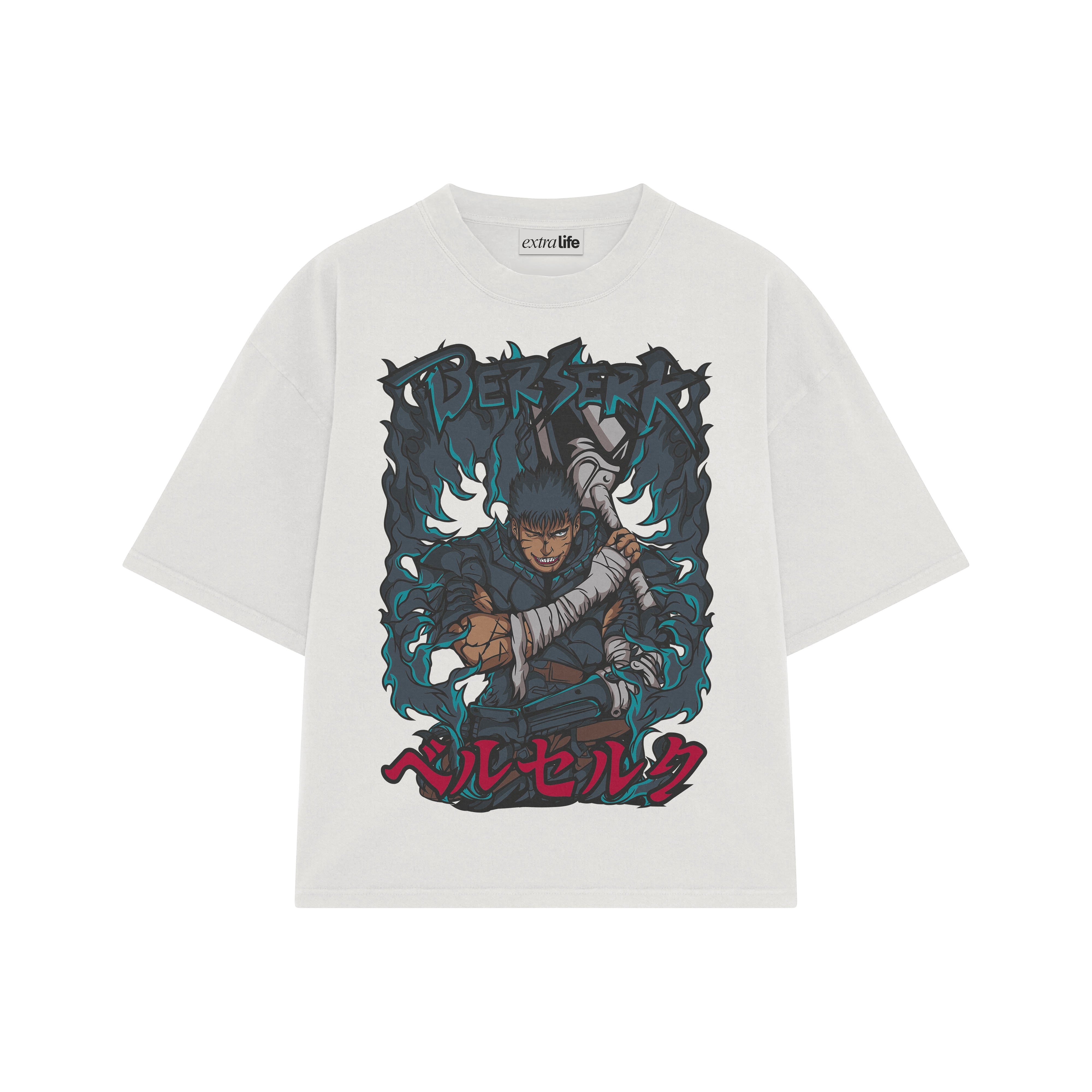 Playera streetwear premium de anime y gaming ExtraLife MX, corte boxy oversized drop shoulder heavyweight en color Deep Black y Off-White, moda urbana mexicana de culto.