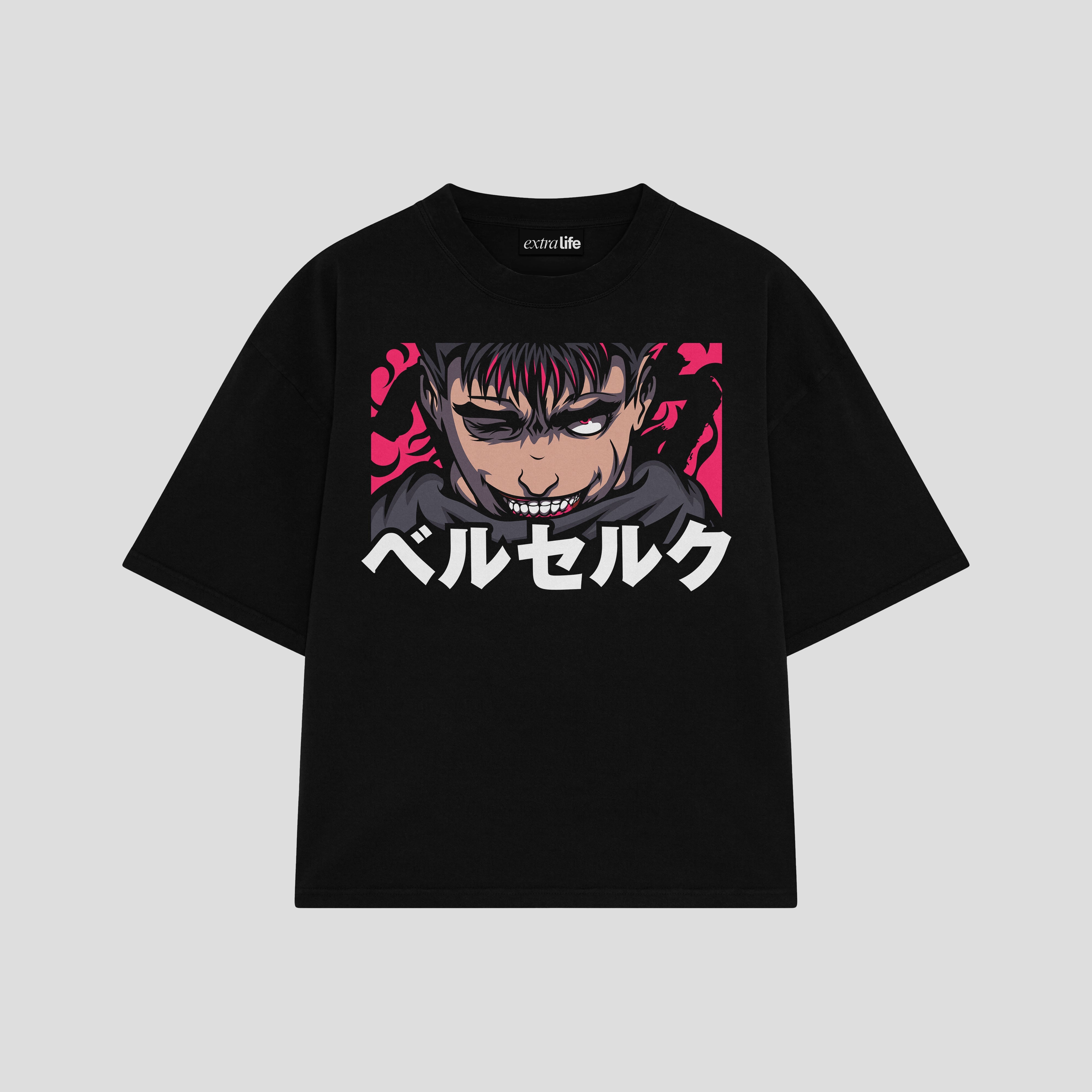 Playera streetwear premium de anime y gaming ExtraLife MX, corte boxy oversized drop shoulder heavyweight en color Deep Black y Off-White, moda urbana mexicana de culto.