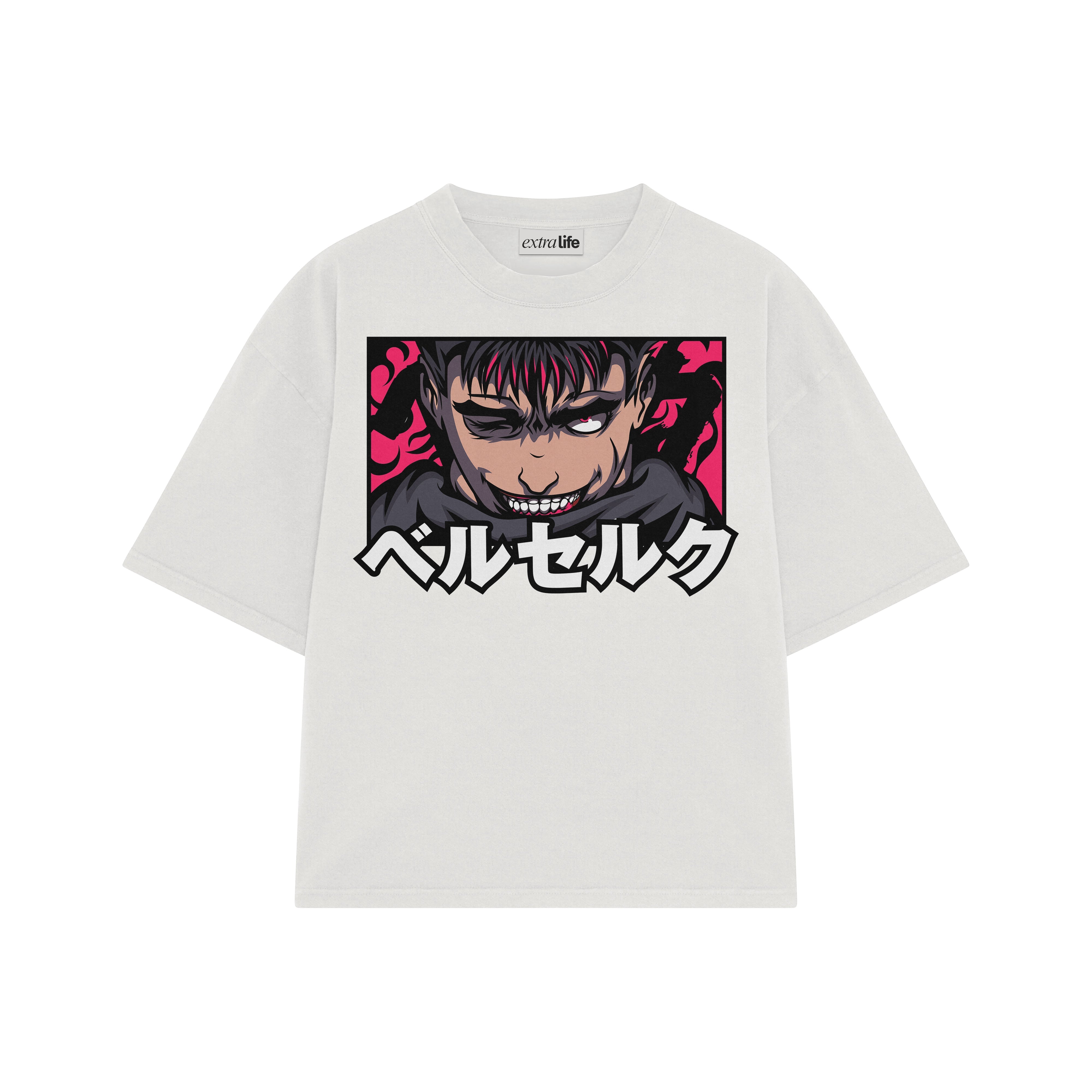 Playera streetwear premium de anime y gaming ExtraLife MX, corte boxy oversized drop shoulder heavyweight en color Deep Black y Off-White, moda urbana mexicana de culto.