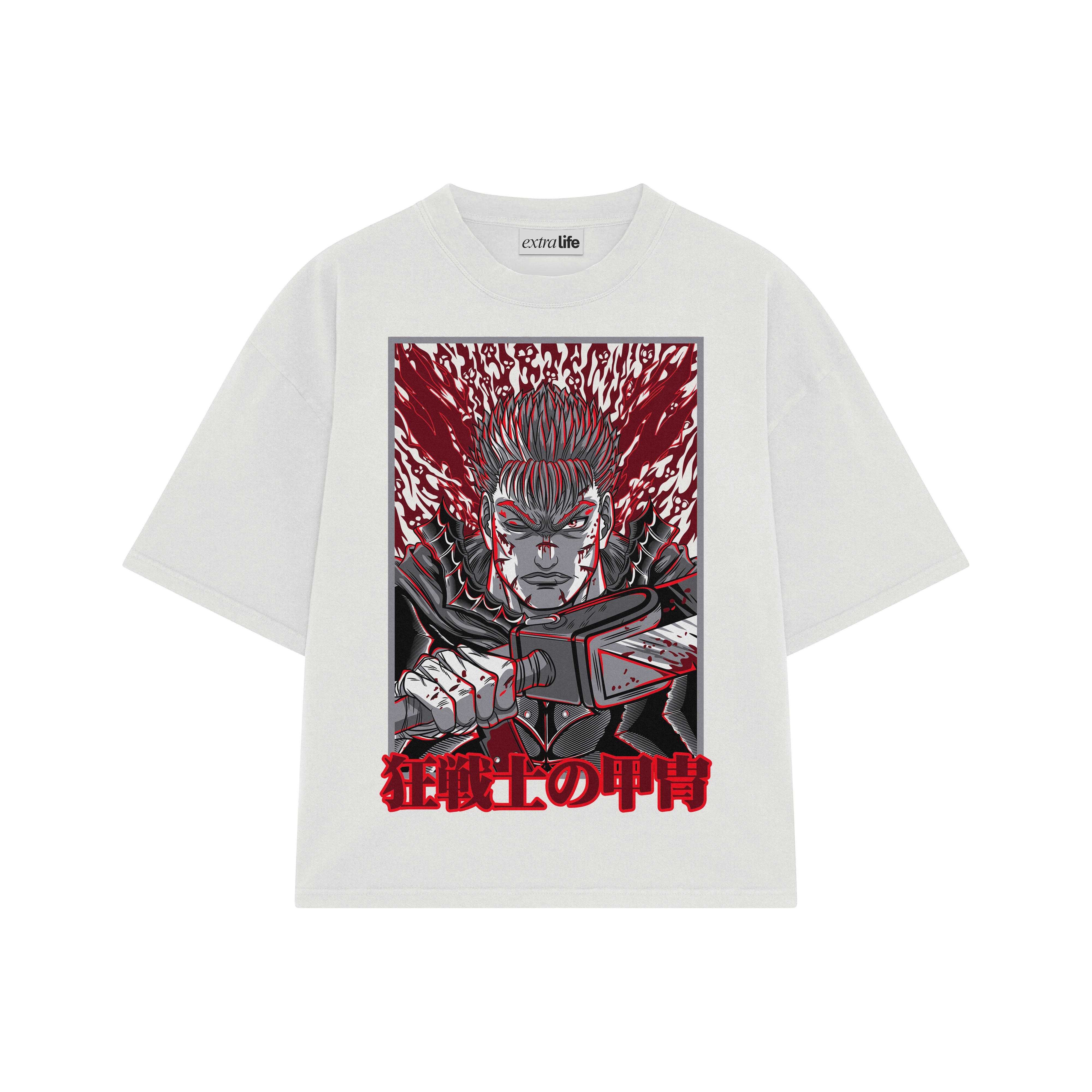 Playera streetwear premium de anime y gaming ExtraLife MX, corte boxy oversized drop shoulder heavyweight en color Deep Black y Off-White, moda urbana mexicana de culto.