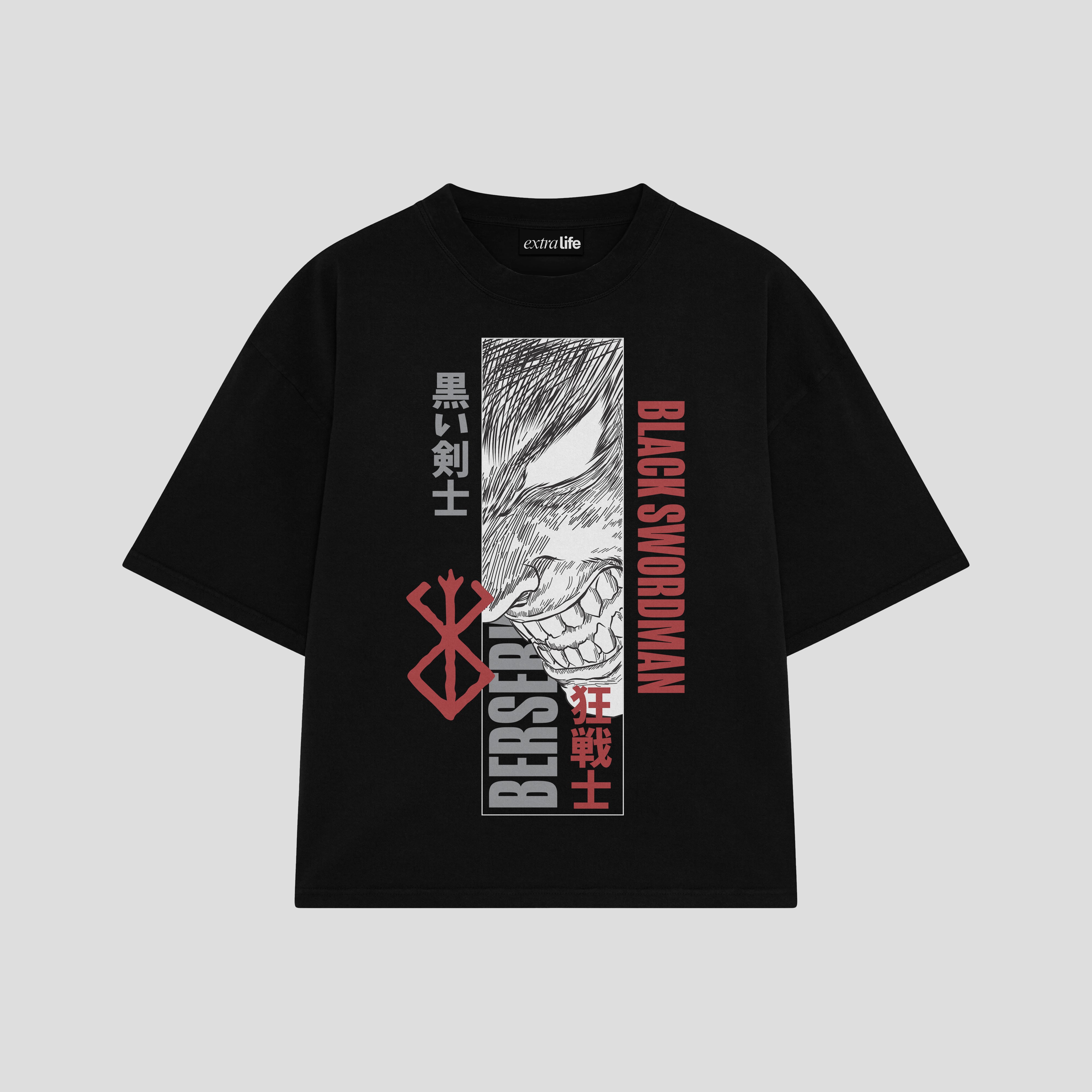 Playera streetwear premium de anime y gaming ExtraLife MX, corte boxy oversized drop shoulder heavyweight en color Deep Black y Off-White, moda urbana mexicana de culto.