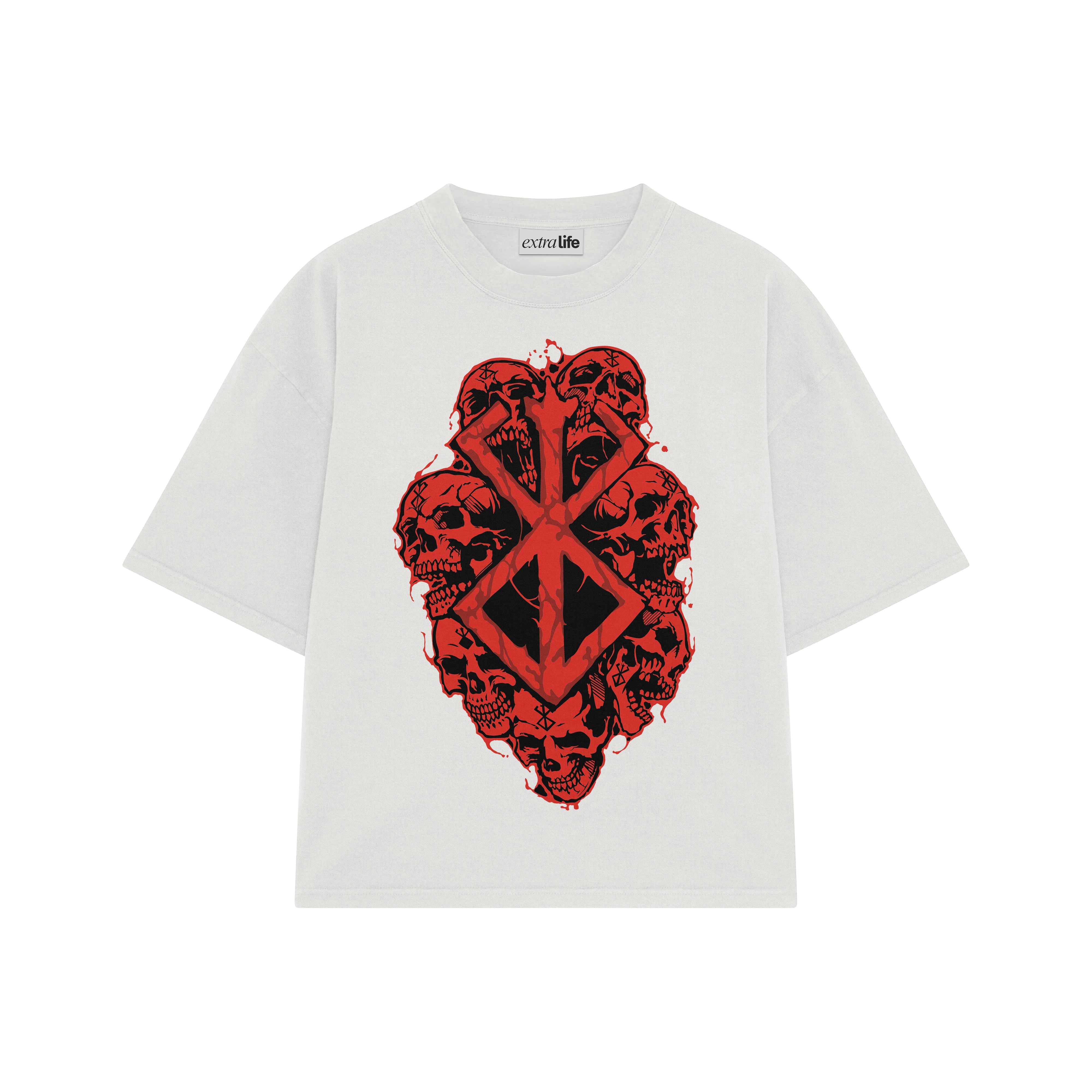 Playera streetwear premium de anime y gaming ExtraLife MX, corte boxy oversized drop shoulder heavyweight en color Deep Black y Off-White, moda urbana mexicana de culto.