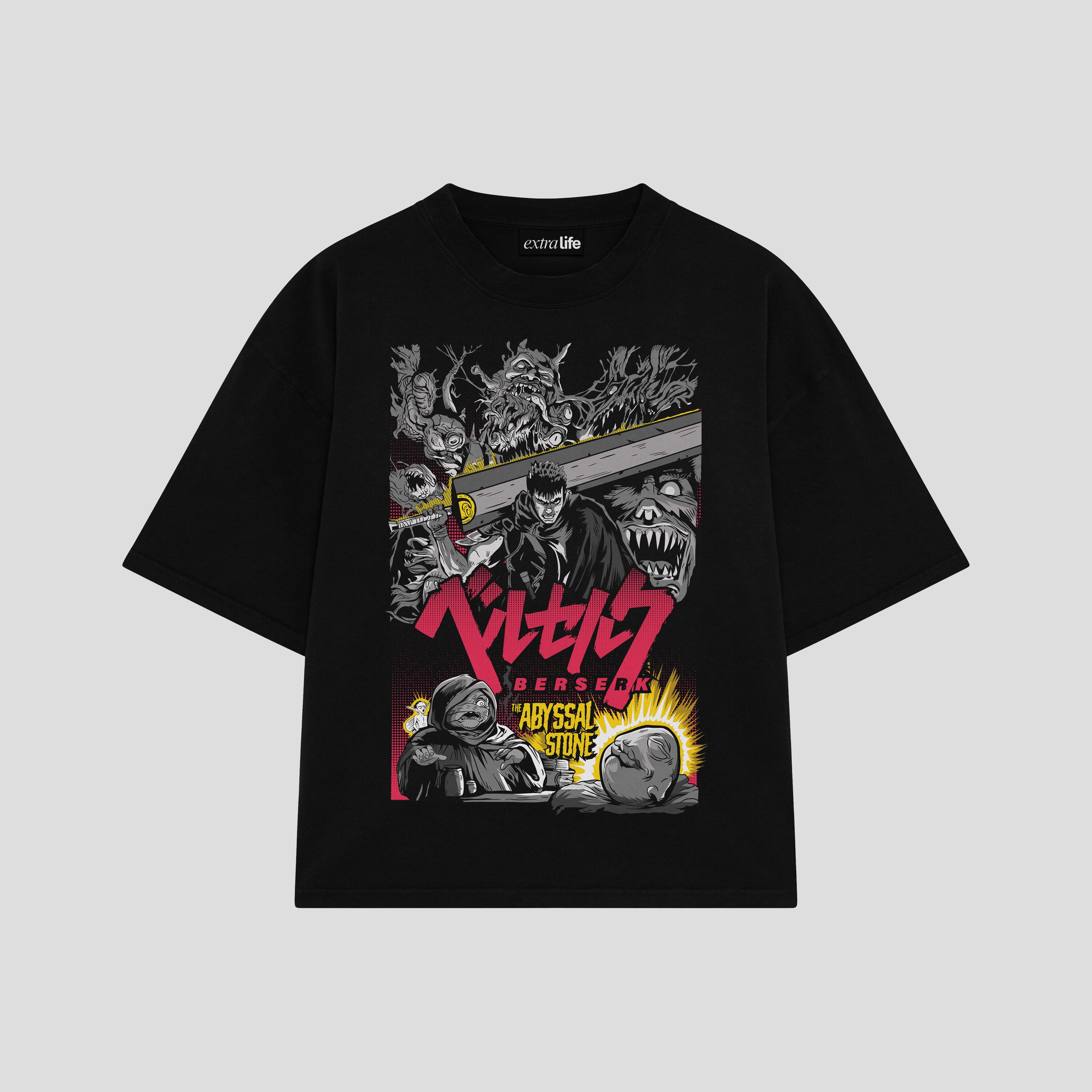 Playera streetwear premium de anime y gaming ExtraLife MX, corte boxy oversized drop shoulder heavyweight en color Deep Black y Off-White, moda urbana mexicana de culto.
