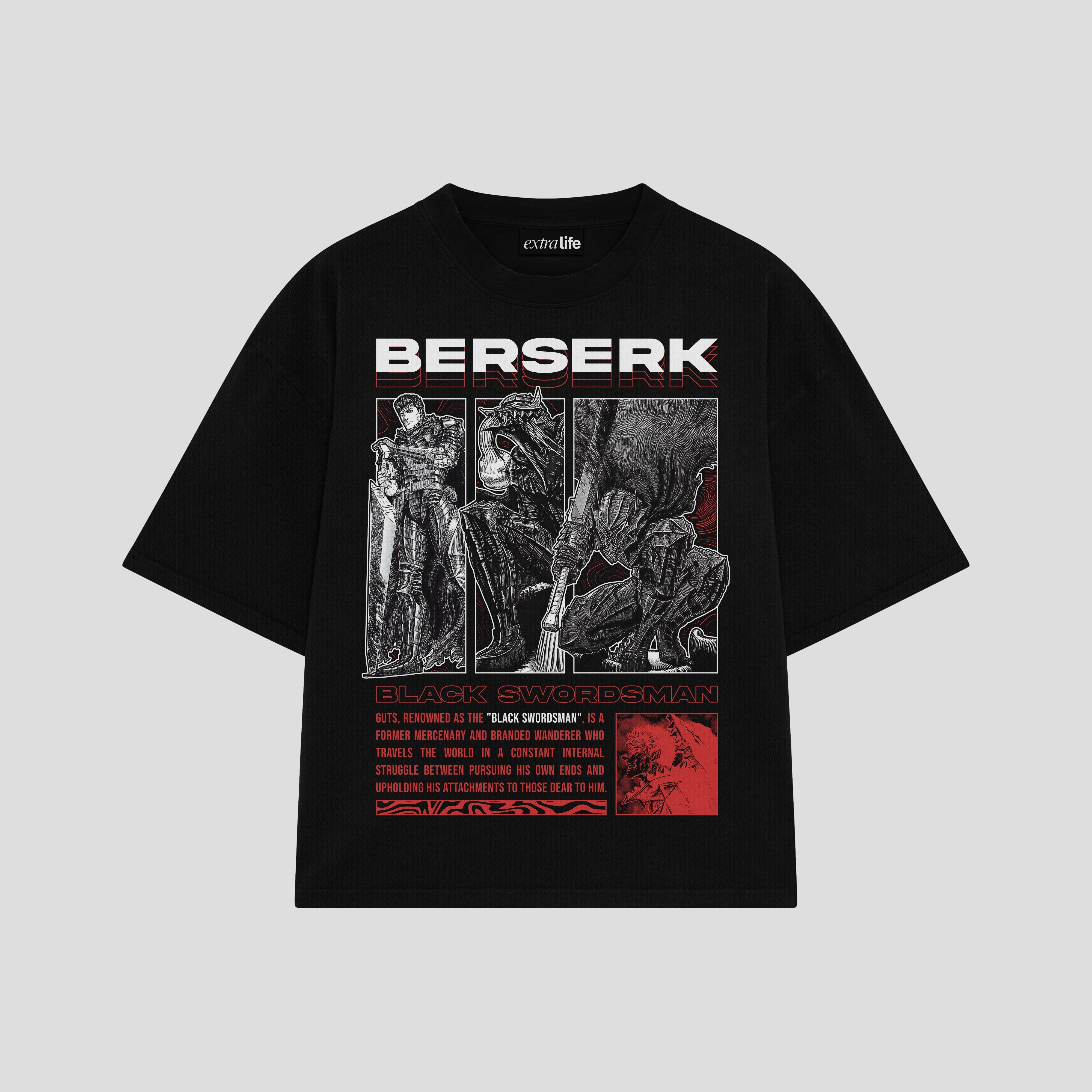 Playera streetwear premium de anime y gaming ExtraLife MX, corte boxy oversized drop shoulder heavyweight en color Deep Black y Off-White, moda urbana mexicana de culto.