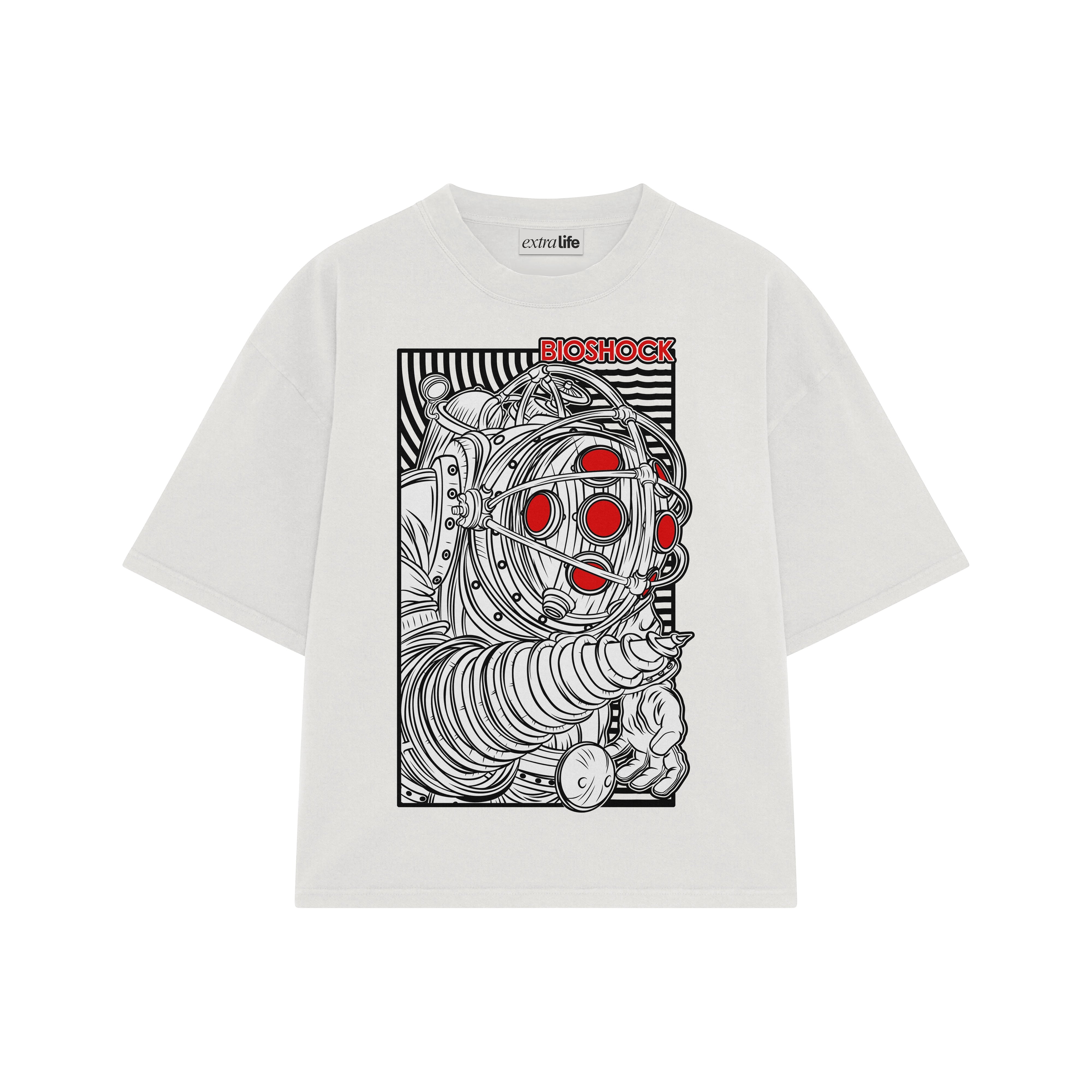 Playera streetwear premium de anime y gaming ExtraLife MX, corte boxy oversized drop shoulder heavyweight en color Deep Black y Off-White, moda urbana mexicana de culto.