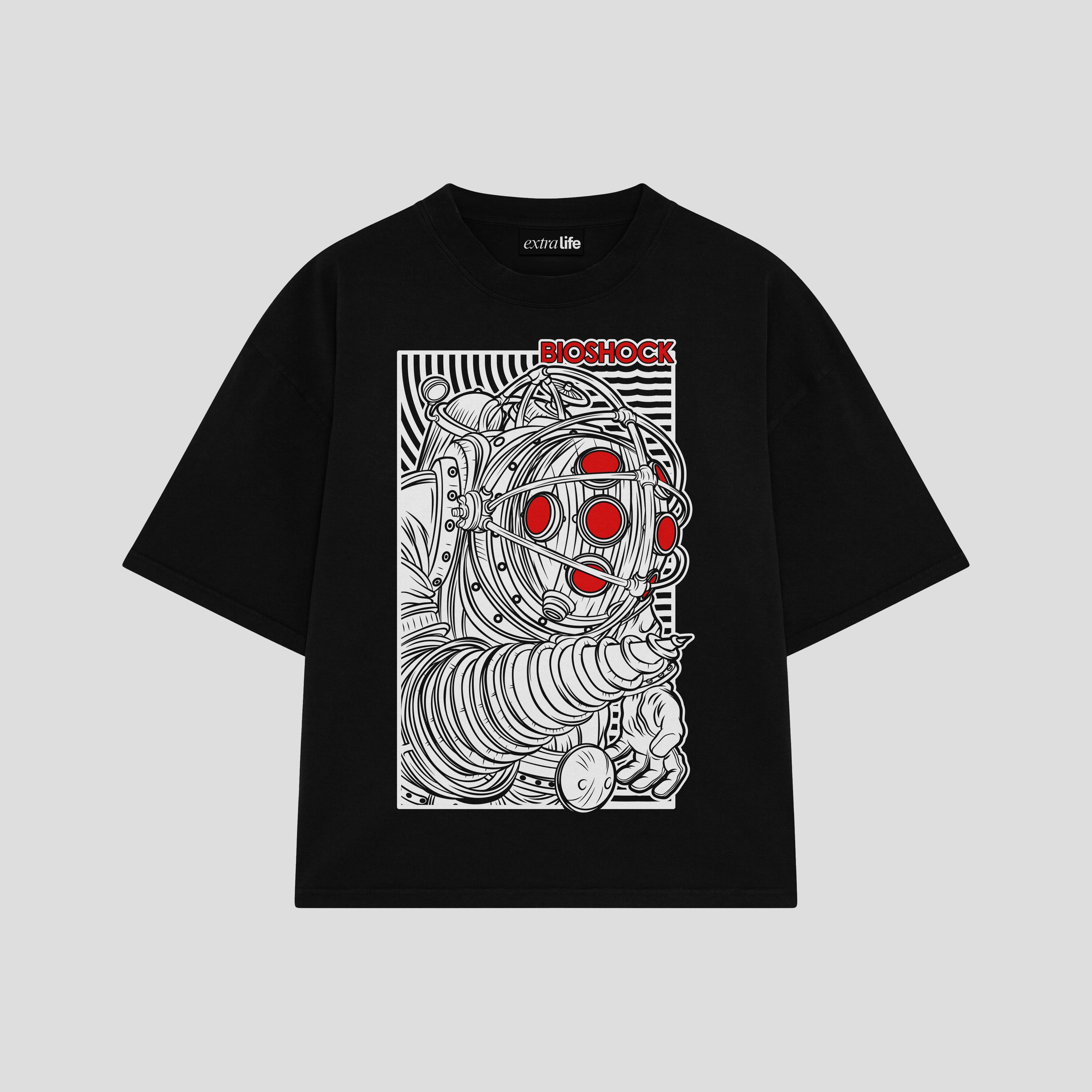 Playera streetwear premium de anime y gaming ExtraLife MX, corte boxy oversized drop shoulder heavyweight en color Deep Black y Off-White, moda urbana mexicana de culto.