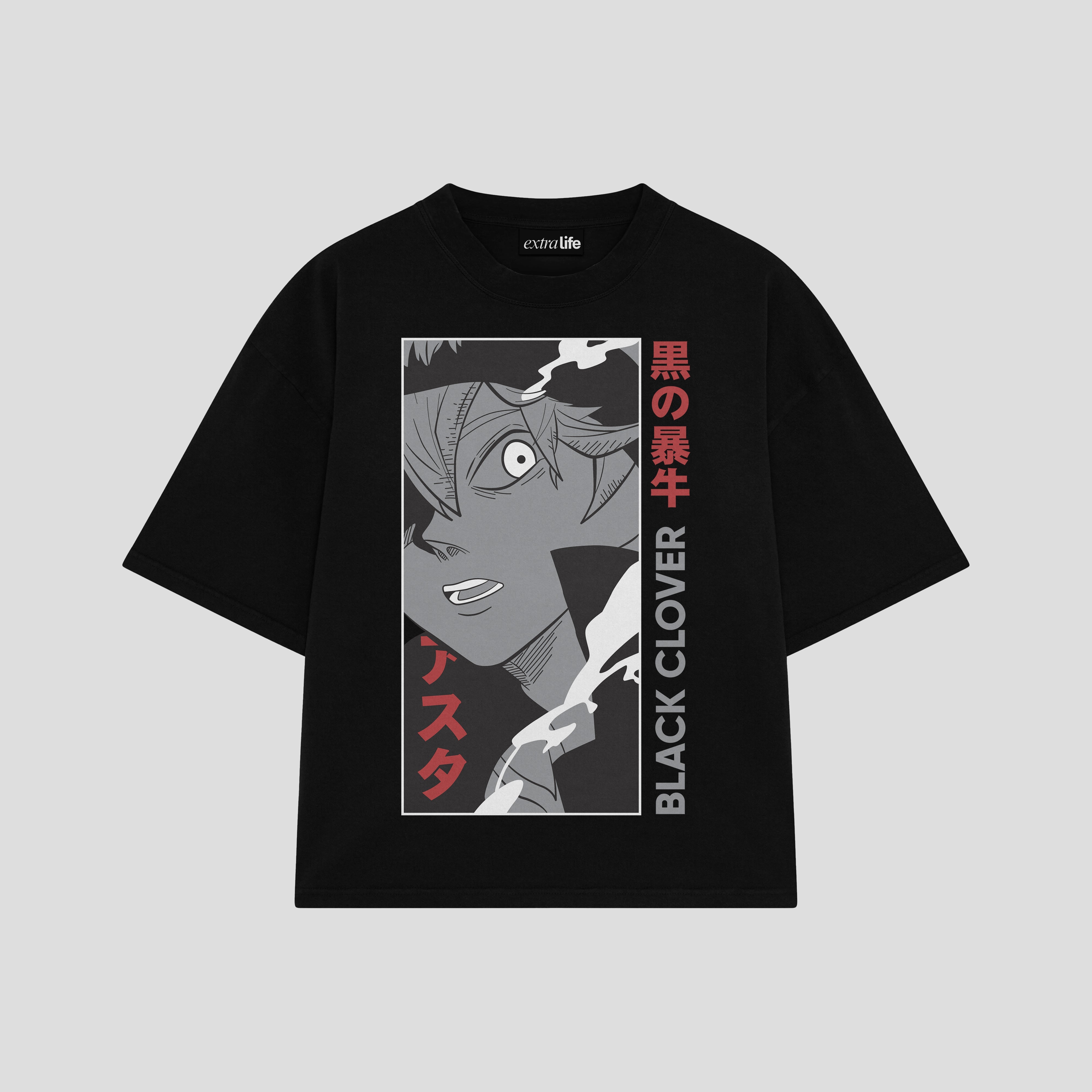 Playera streetwear premium de anime y gaming ExtraLife MX, corte boxy oversized drop shoulder heavyweight en color Deep Black y Off-White, moda urbana mexicana de culto.