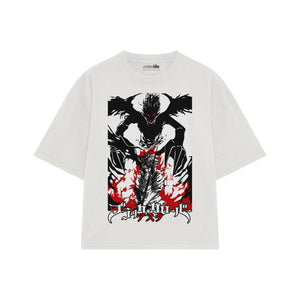 Playera streetwear premium de anime y gaming ExtraLife MX, corte boxy oversized drop shoulder heavyweight en color Deep Black y Off-White, moda urbana mexicana de culto.