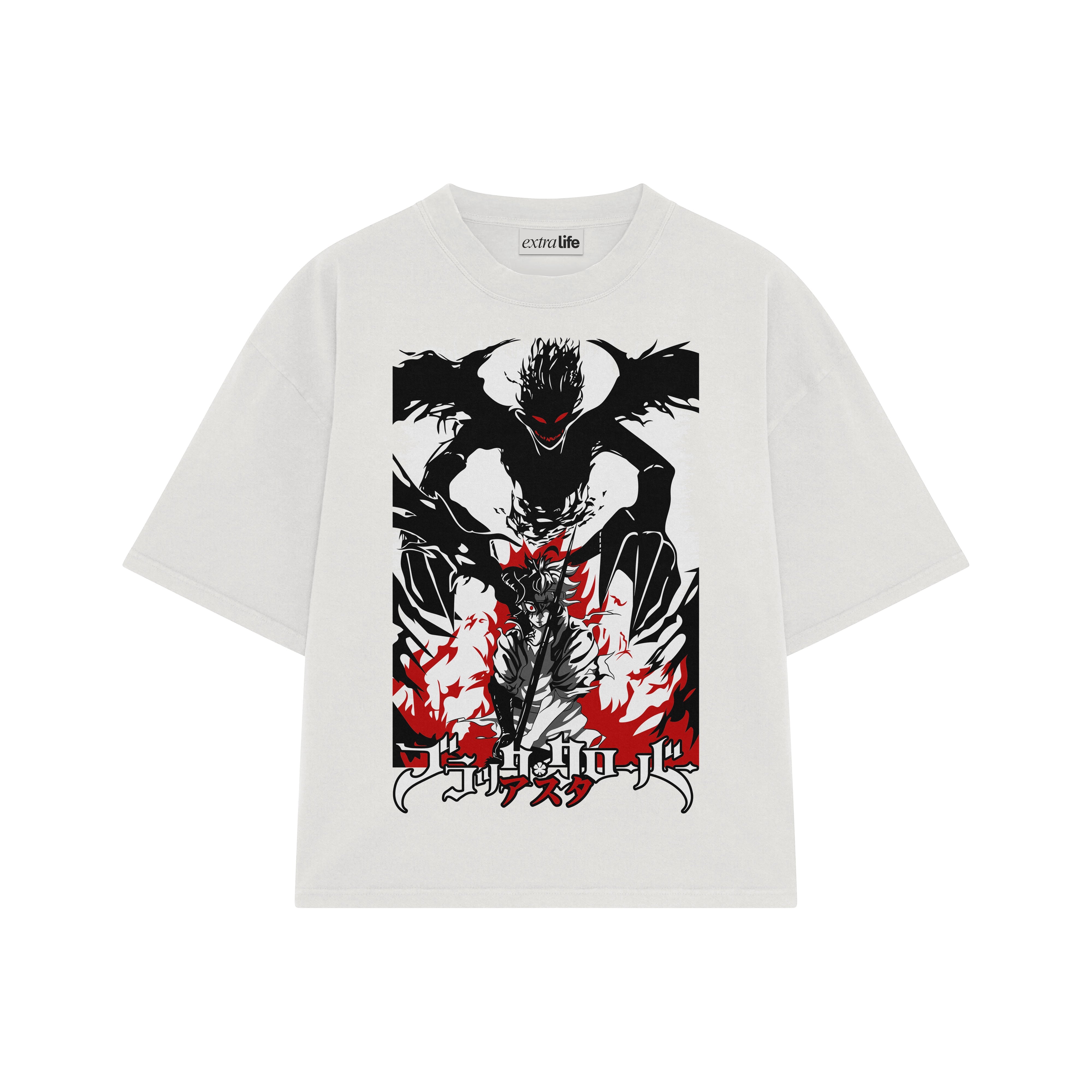 Playera streetwear premium de anime y gaming ExtraLife MX, corte boxy oversized drop shoulder heavyweight en color Deep Black y Off-White, moda urbana mexicana de culto.