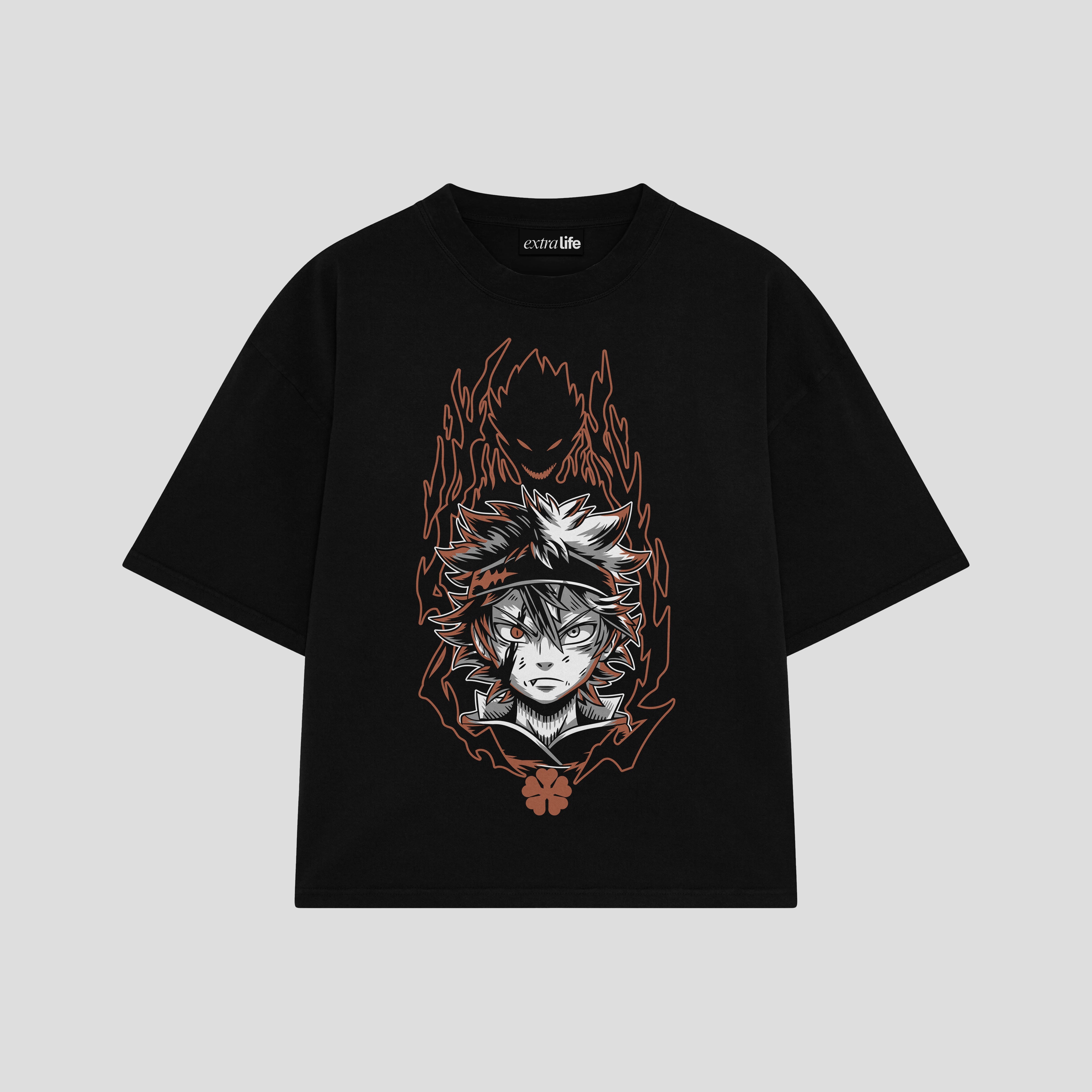 Playera streetwear premium de anime y gaming ExtraLife MX, corte boxy oversized drop shoulder heavyweight en color Deep Black y Off-White, moda urbana mexicana de culto.