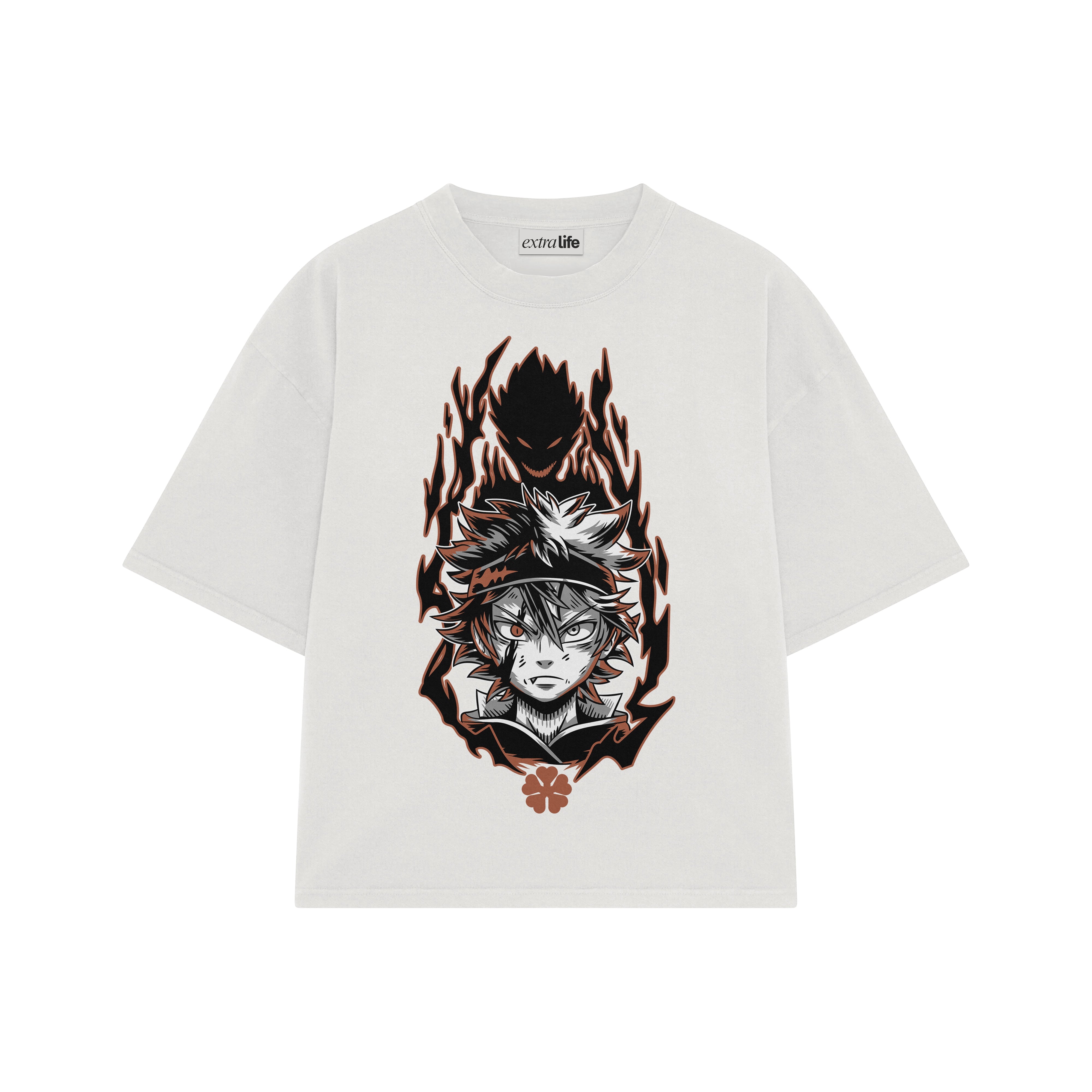 Playera streetwear premium de anime y gaming ExtraLife MX, corte boxy oversized drop shoulder heavyweight en color Deep Black y Off-White, moda urbana mexicana de culto.