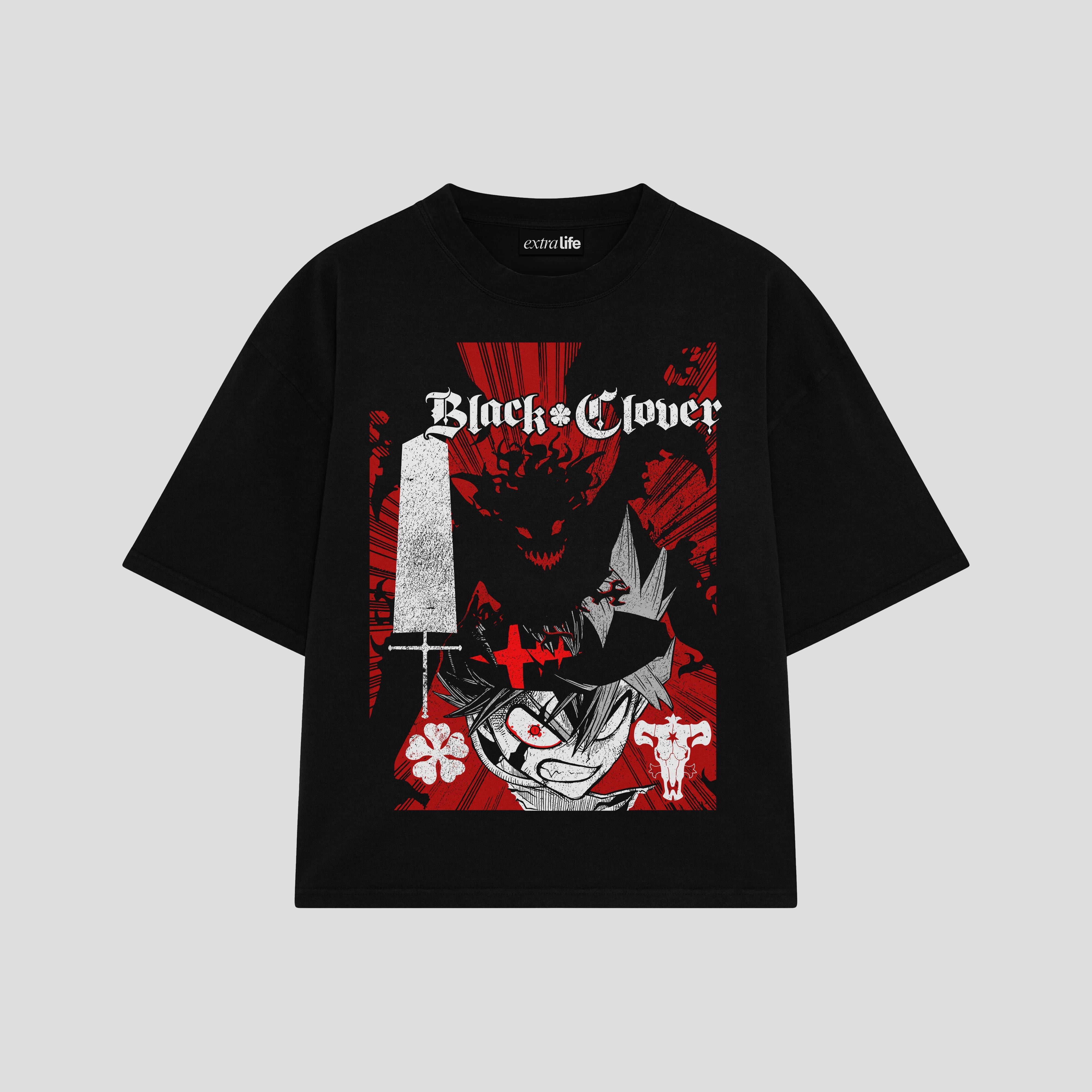 Playera streetwear premium de anime y gaming ExtraLife MX, corte boxy oversized drop shoulder heavyweight en color Deep Black y Off-White, moda urbana mexicana de culto.